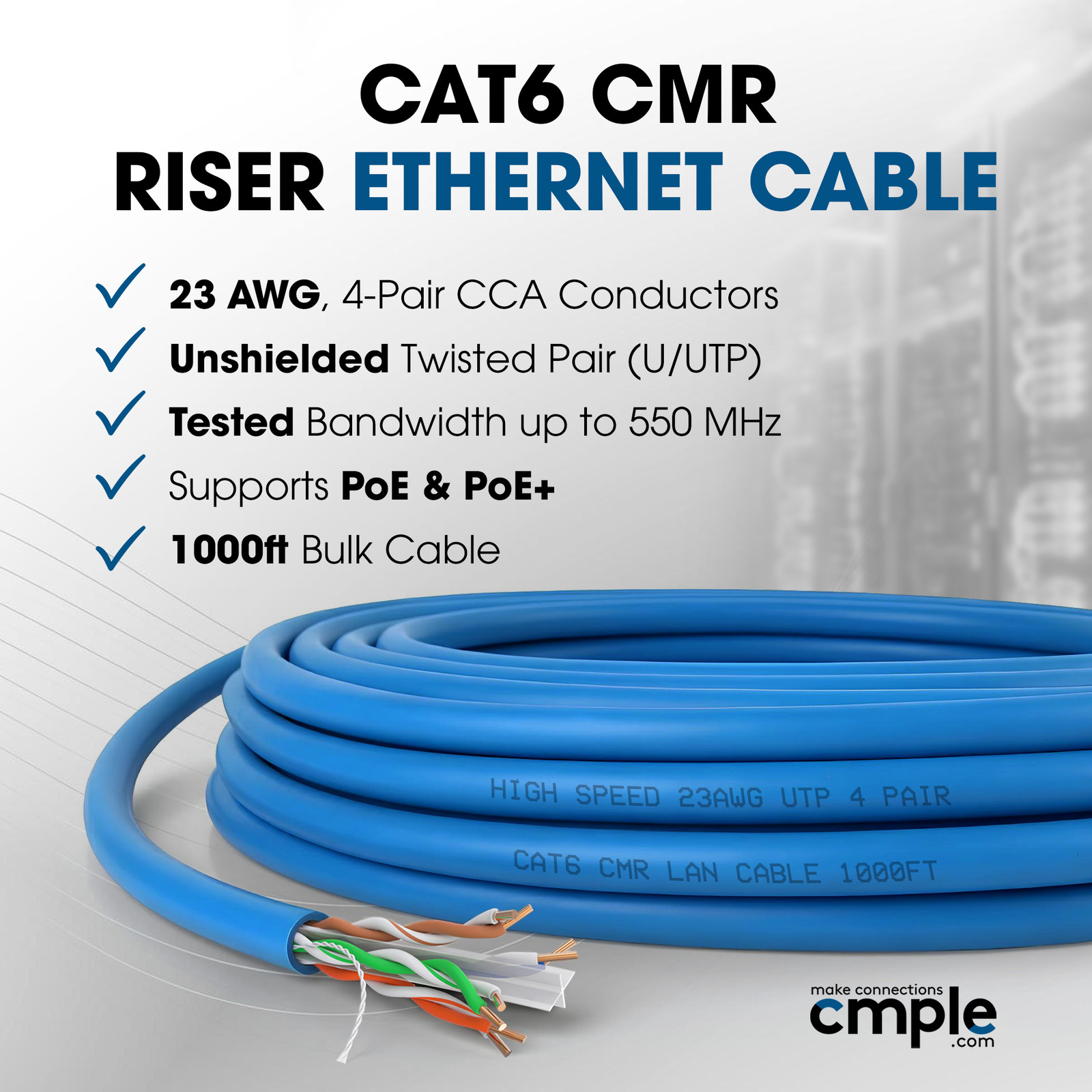 Cat6 Ethernet Cable Bulk 1000ft 23AWG CMR Riser LAN Cord Cat 6 Data Wire 550MHz