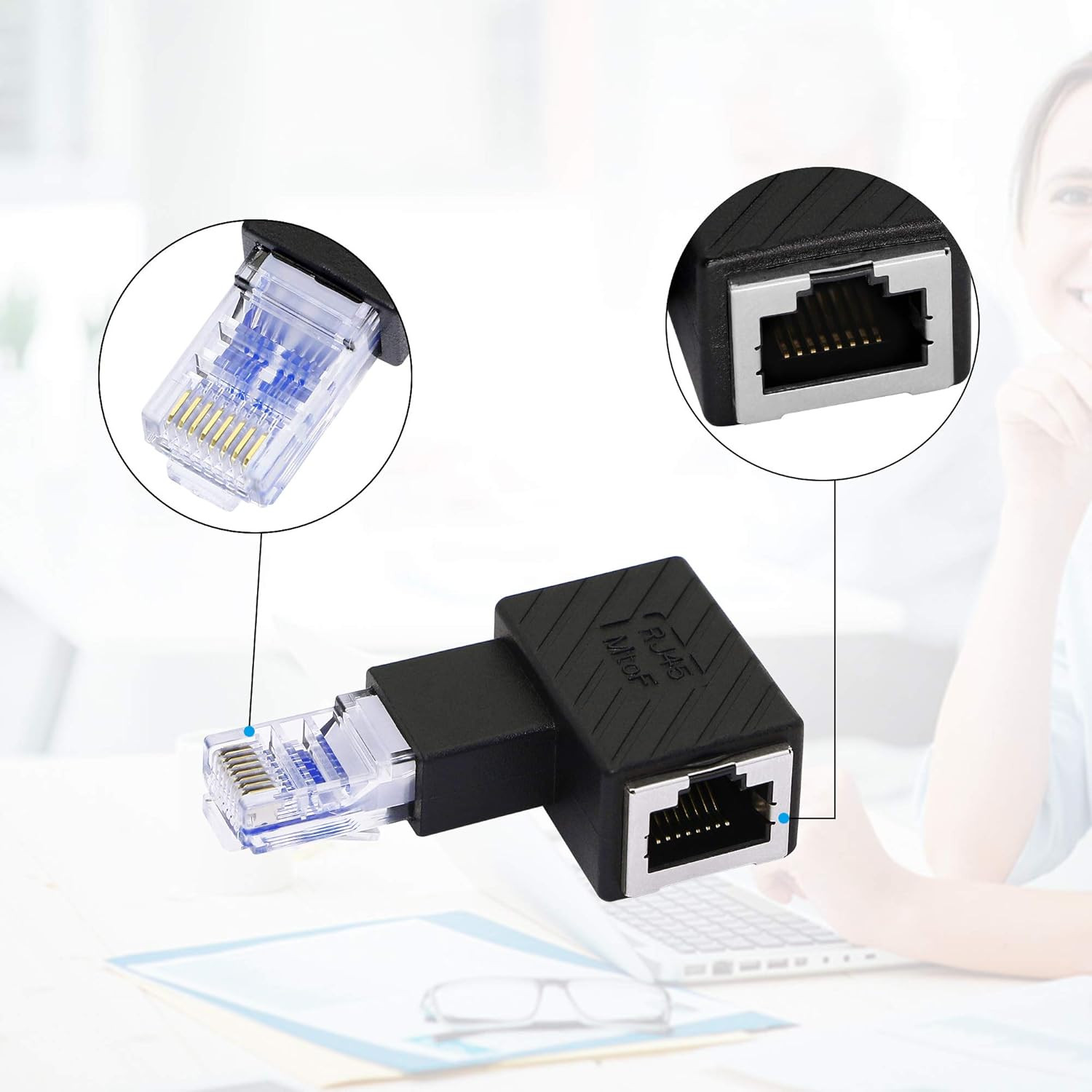 RIIEYOCA 90 Degree Ethernet Adapter,Left Angle RJ45 Male to Female Extension Cat