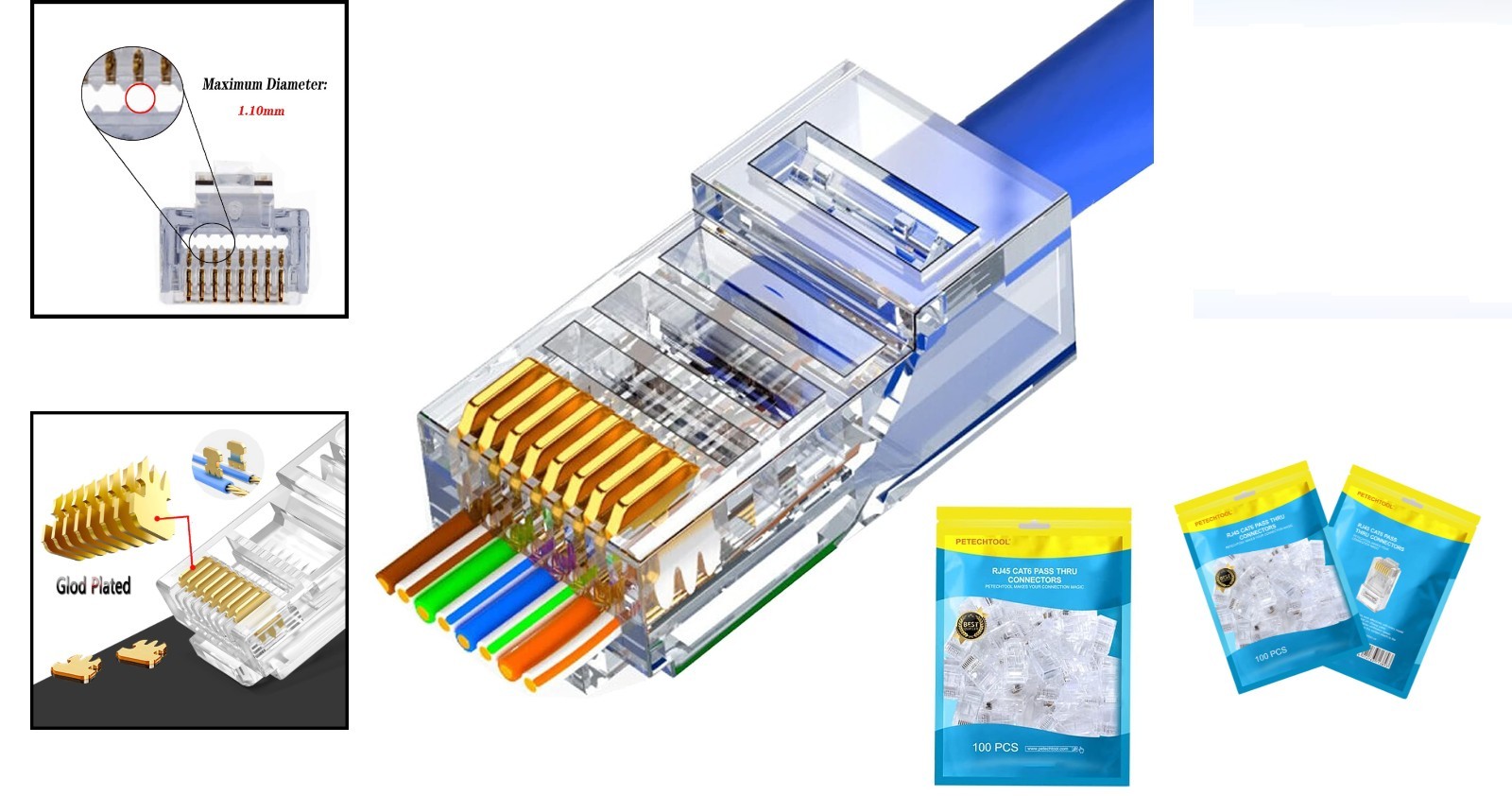 Gold Plated RJ45 Cat6/Cat5 Pass-Through Connectors, 100 Pack for Easy Networking