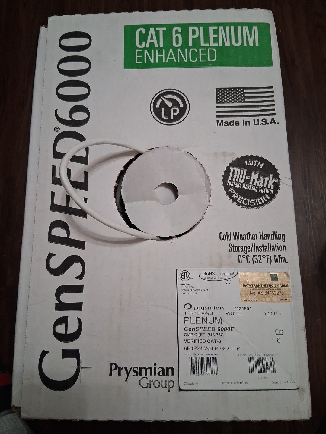 GenSpeed 6000 Cat6 Plenum Enhanced Data Cable White 630 Ft.