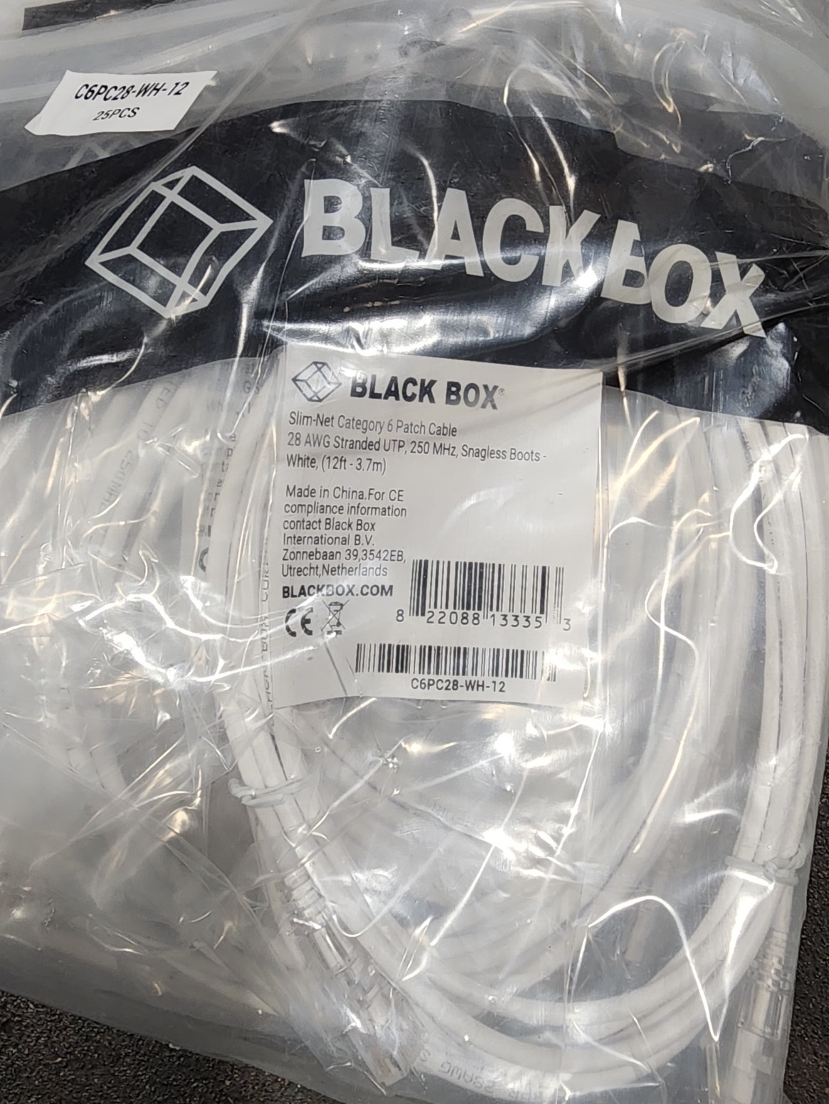 50 Pack 12ft White Black Box Slim-Net Cat 6 Patch Cable 28AWG UTP Snagless