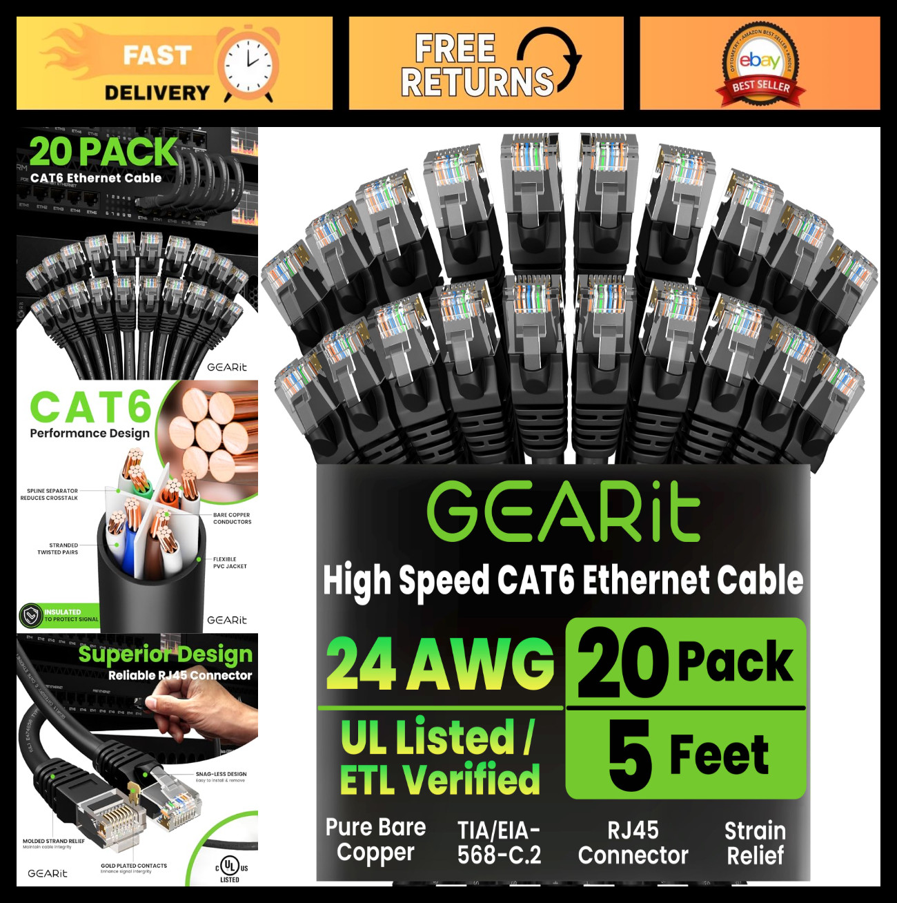 20-Pack Cat 6 Ethernet Cables 5ft – Snagless RJ45 Network Patch Cords, 10 Gbps