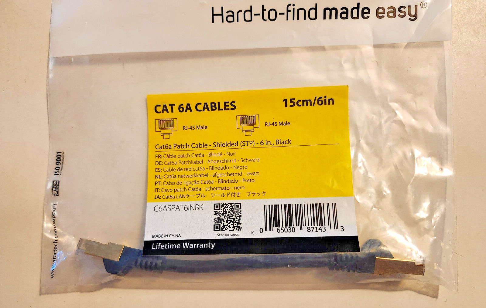 StarTech.com 6in Black Cat6a Shielded Patch Cable Cat6a Ethernet Cable 6″/15cm