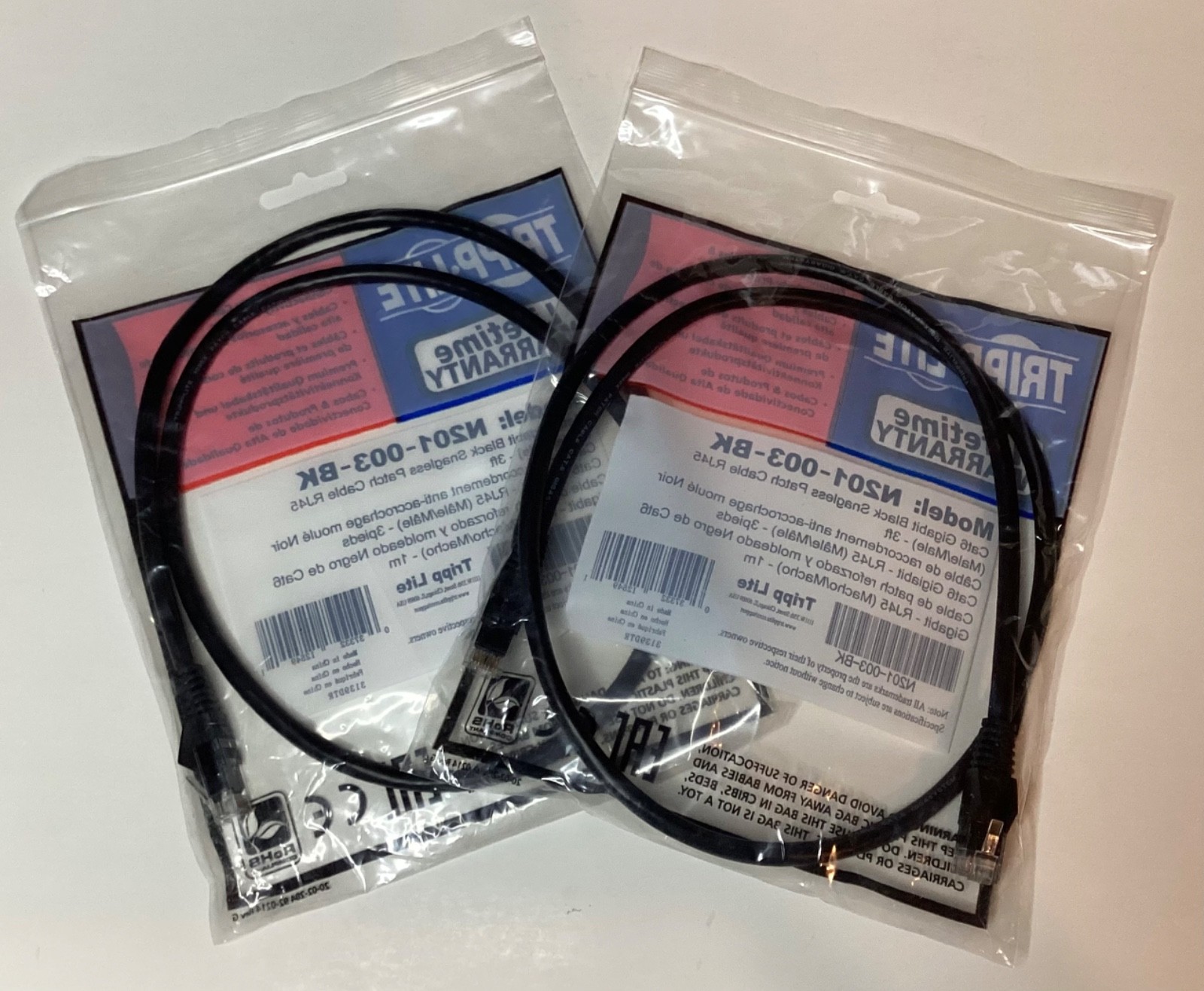 NEW 2X TRIPP LITE N201-003-BK 3FT. CAT6 MALE TO MALE SNAGLESS PATCH RJ45 CABLES