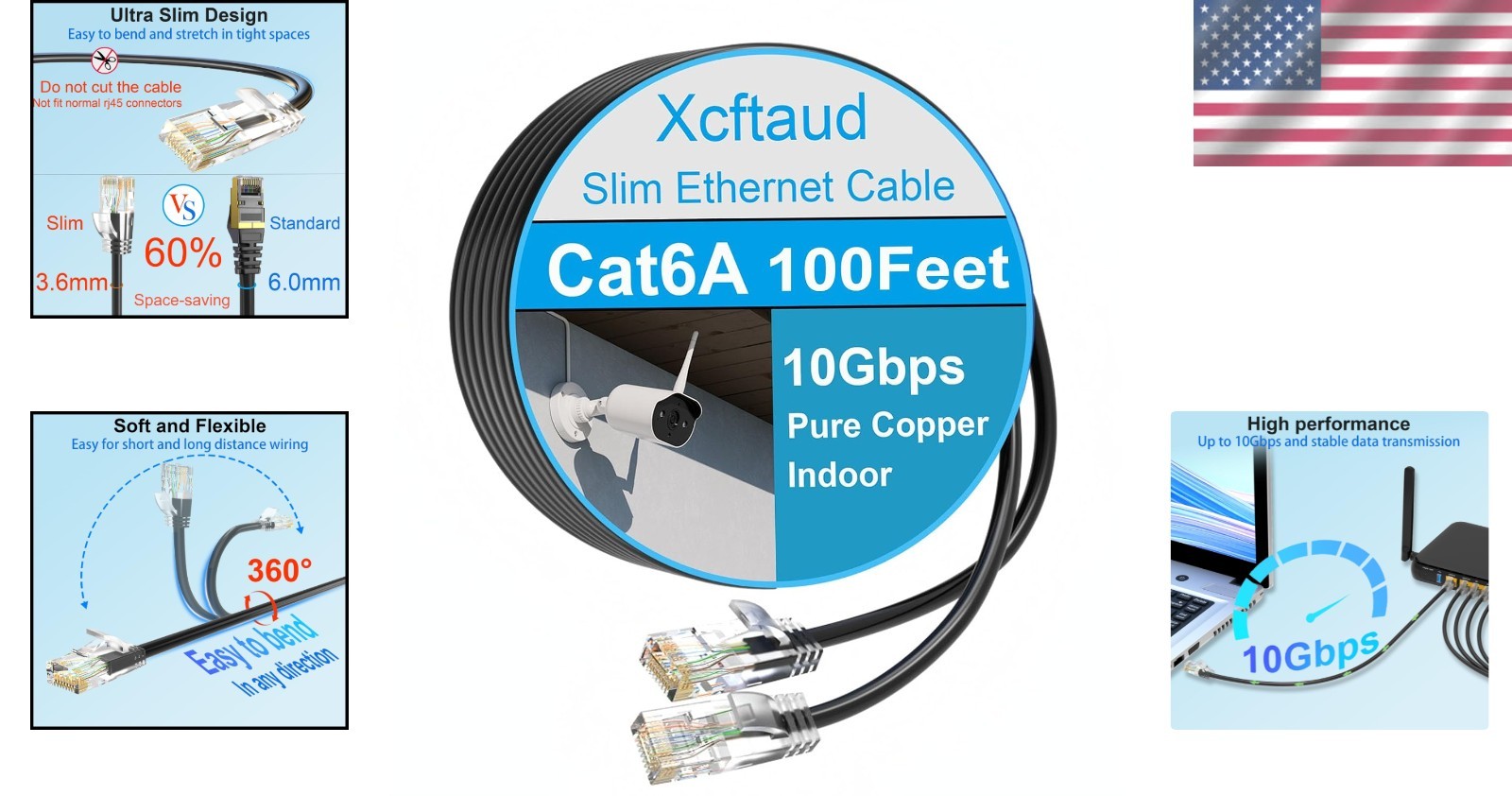 Cat6a Ethernet Cable Slim 100ft Outdoor&Indoor 28AWG Pure Copper Cat6 Internet