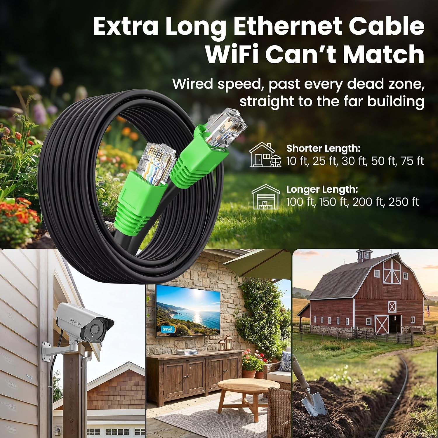 Cat6 Ethernet Cable 100Ft, Direct Burial Outdoor Cat 6 Cable 24AWG High Speed up