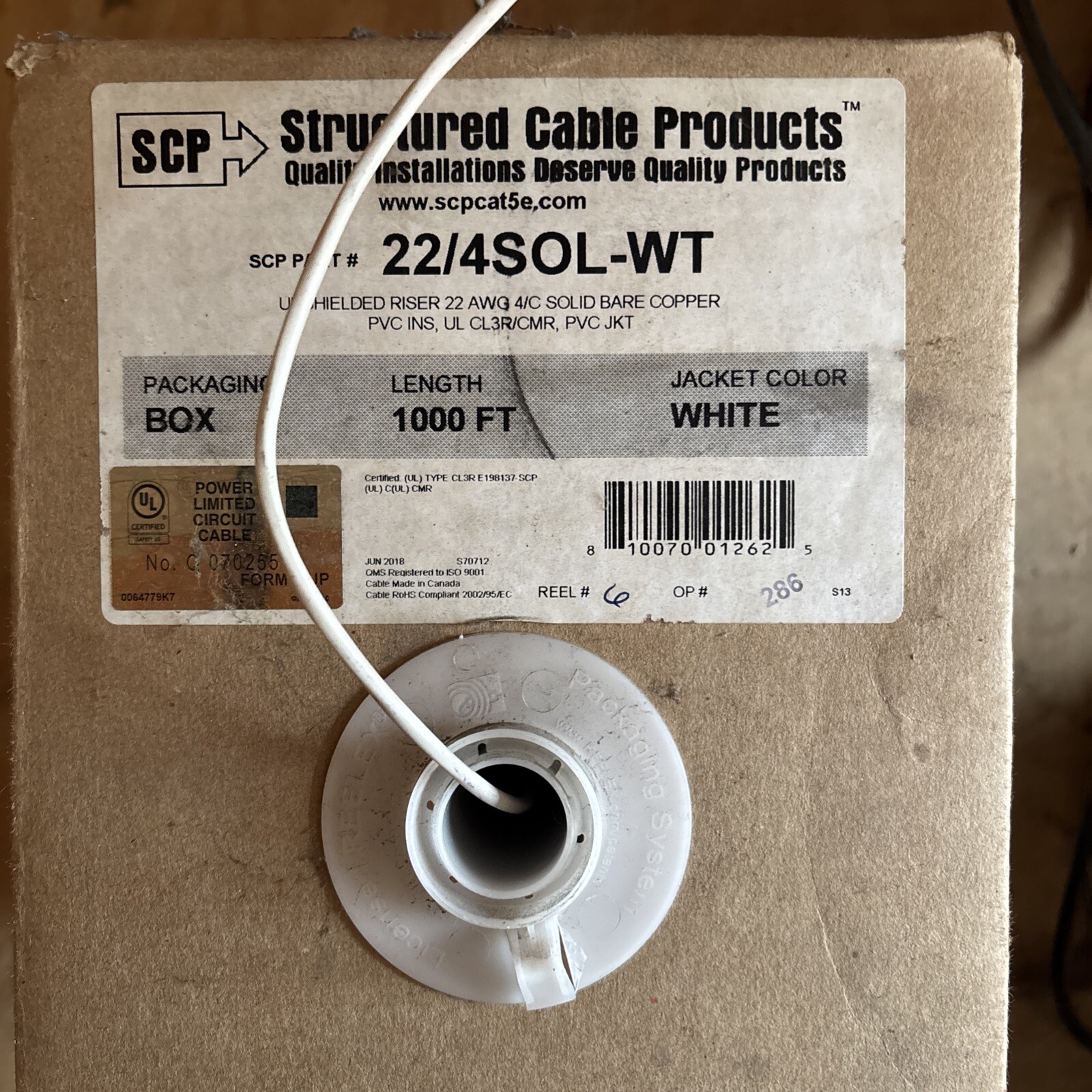 22/4SOL-WT Unshielded Riser 22AWG 4/C Ethernet Cable Spool 800ft White