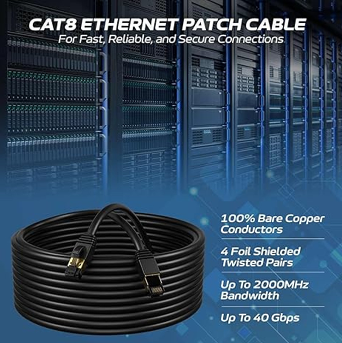 CAT8 Ethernet Cable Copper 26AWG SFTP Shielded RJ-45 Patch Cord 0.5-75FT Lot