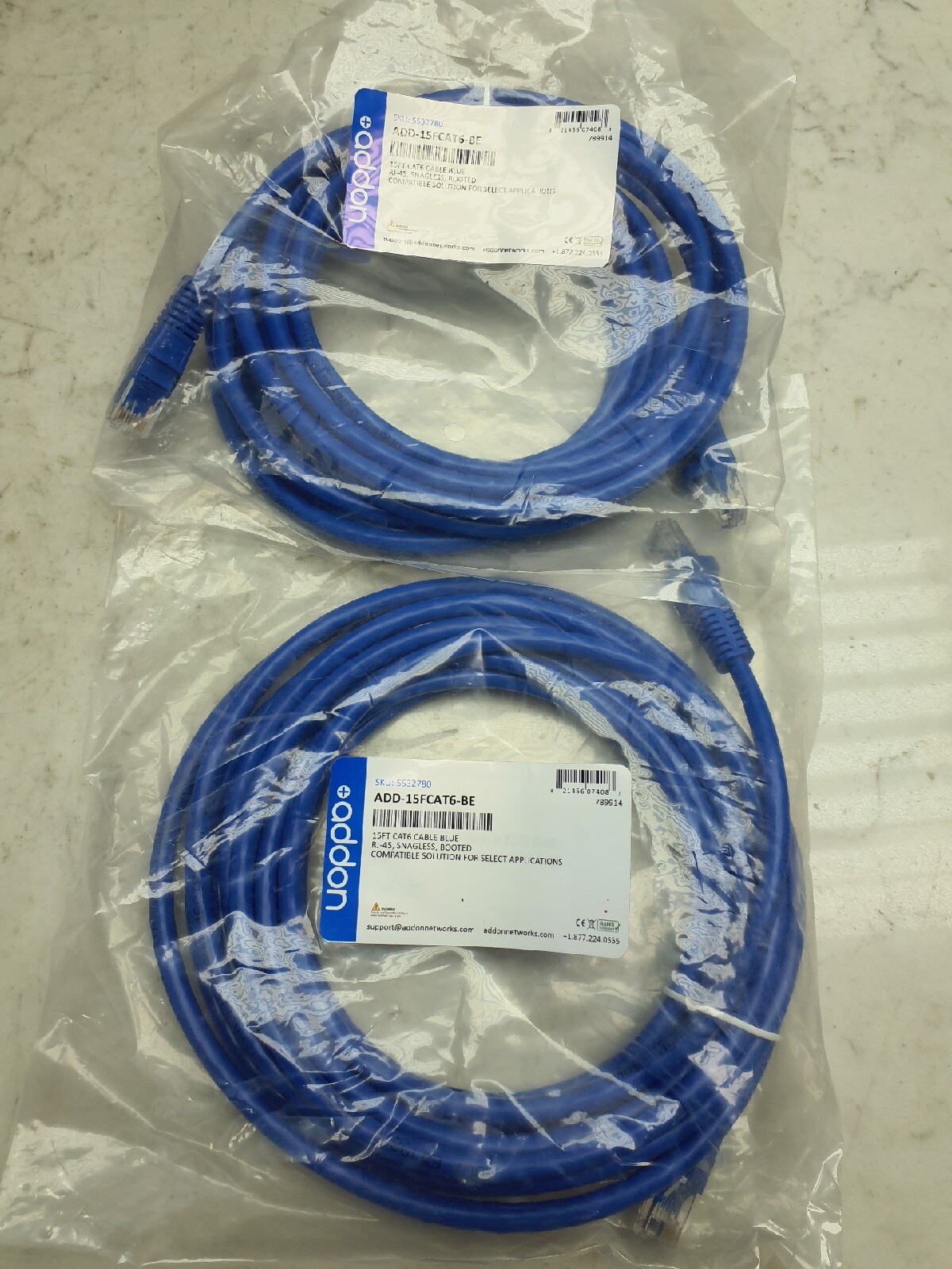 2 Pack AddOn 15ft RJ-45 Male to RJ-45 Male Straight Blue Cat6 UTP PVC Patch