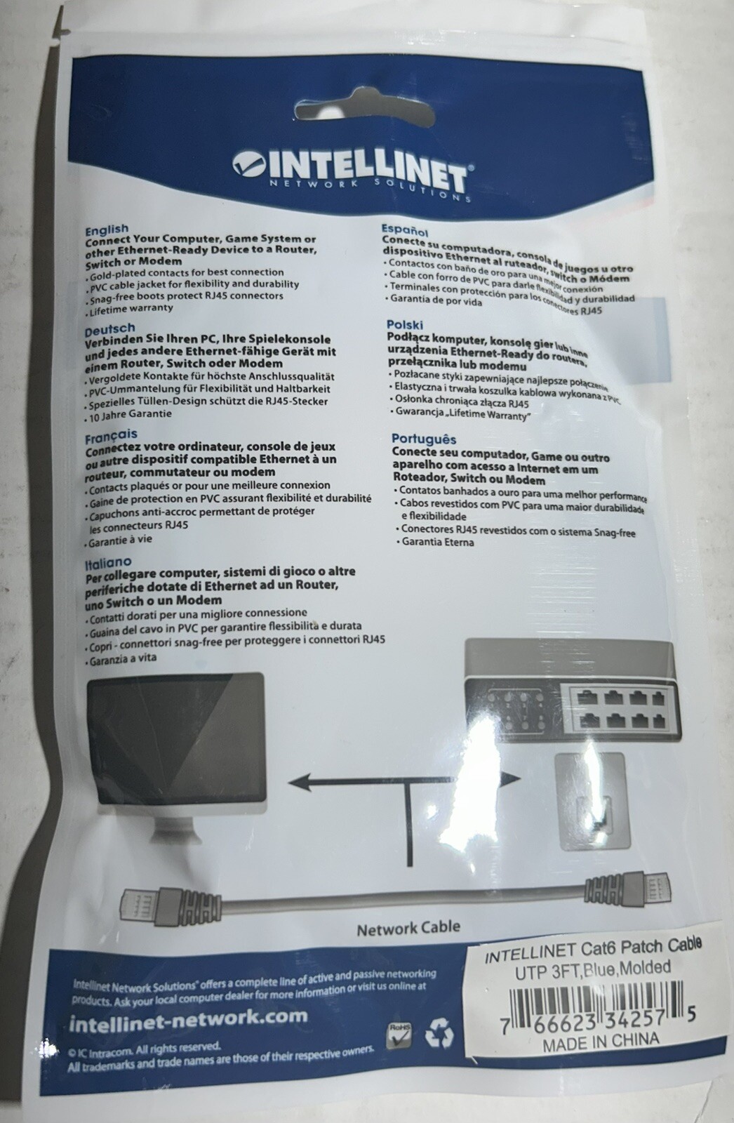 12 Pack Of Cables Intellinet 342582 3ft Blue Cat6 Snagless Patch Cable-Free Ship