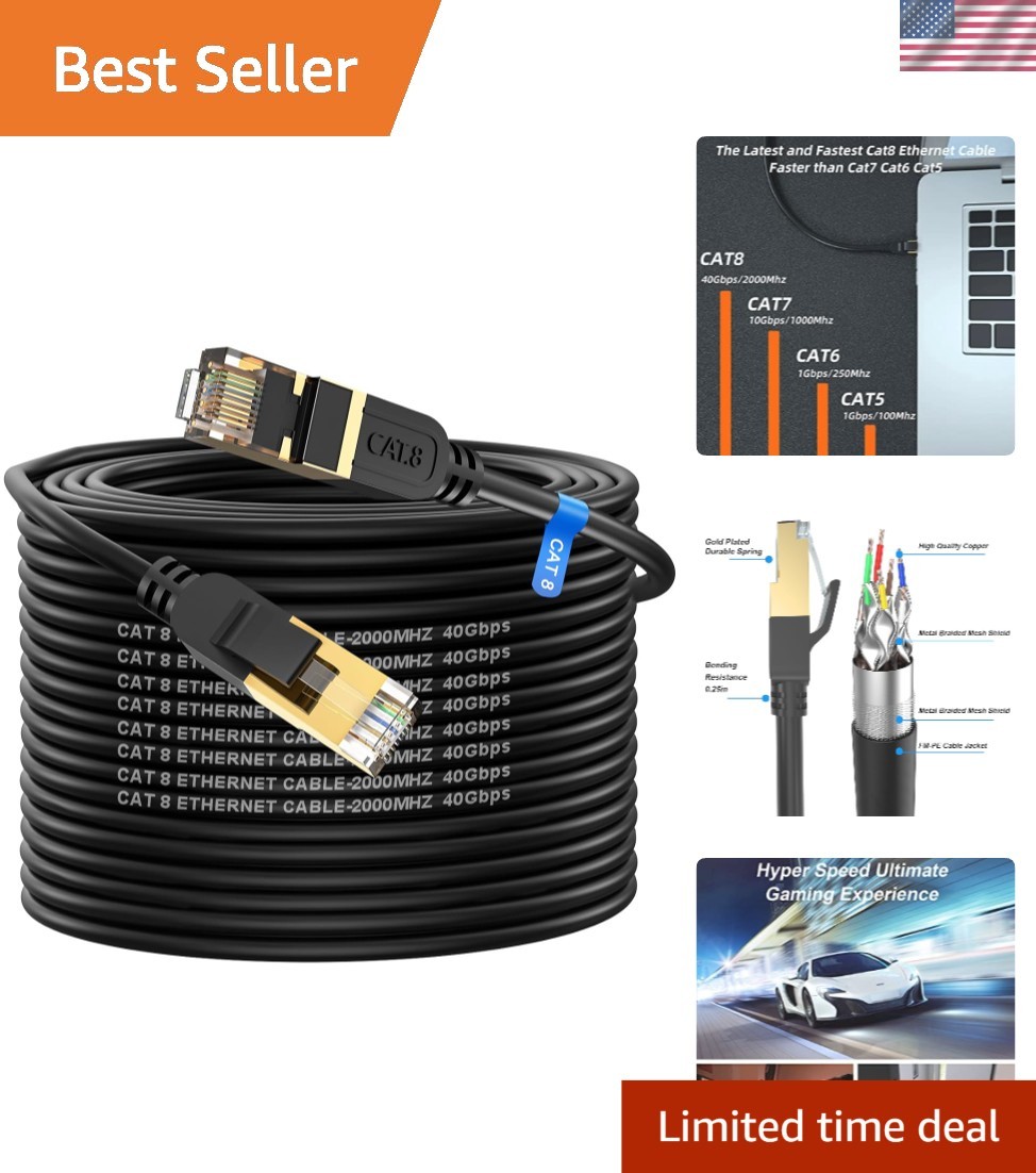 100FT Cat 8 LAN Cable – High Speed 40Gbps, UV Resistant for Outdoor & Indoor Use