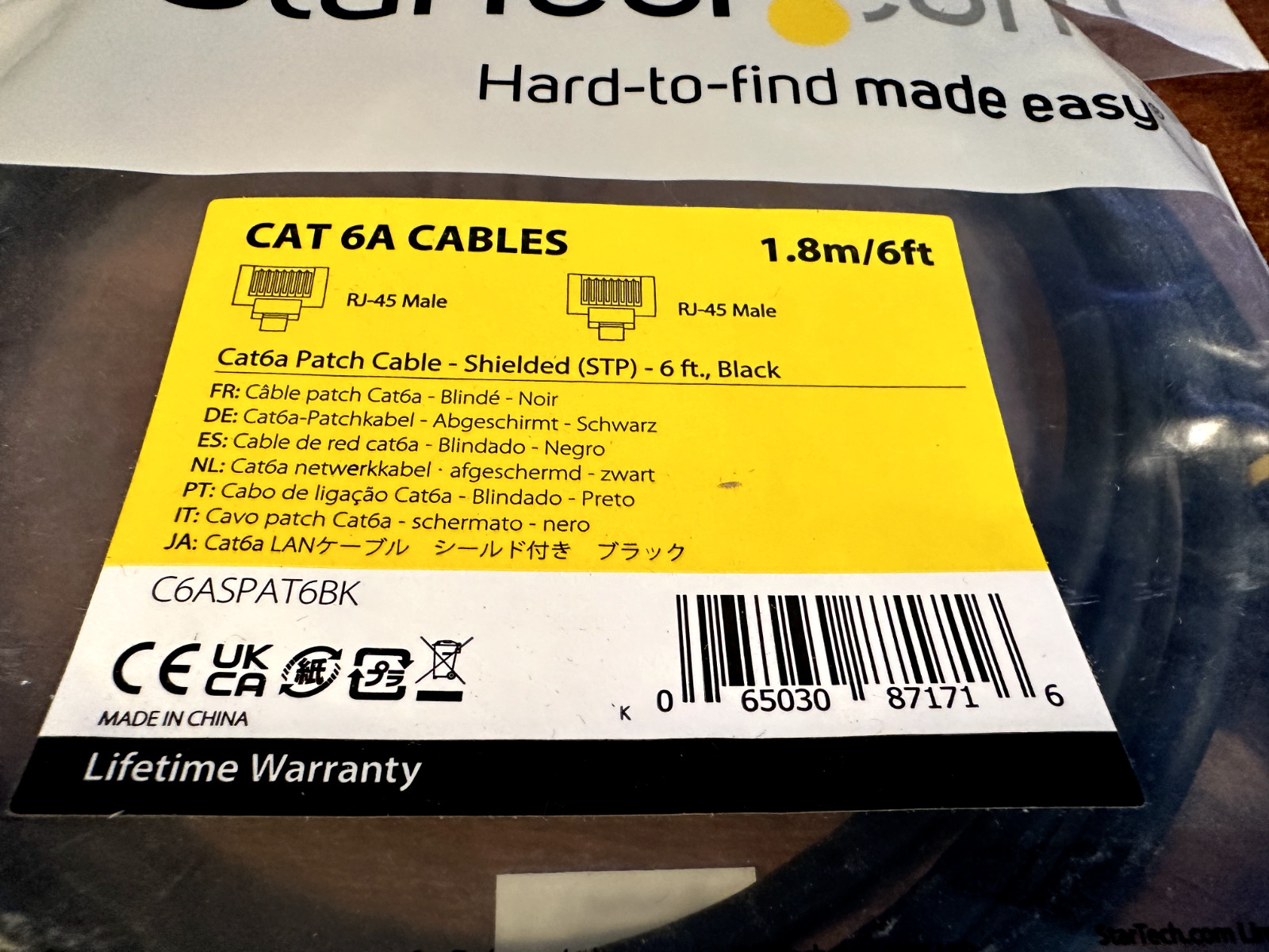 StarTech.com C6ASPAT6BK 6 ft. Cat 6A Black Shielded Network Ethernet Cable