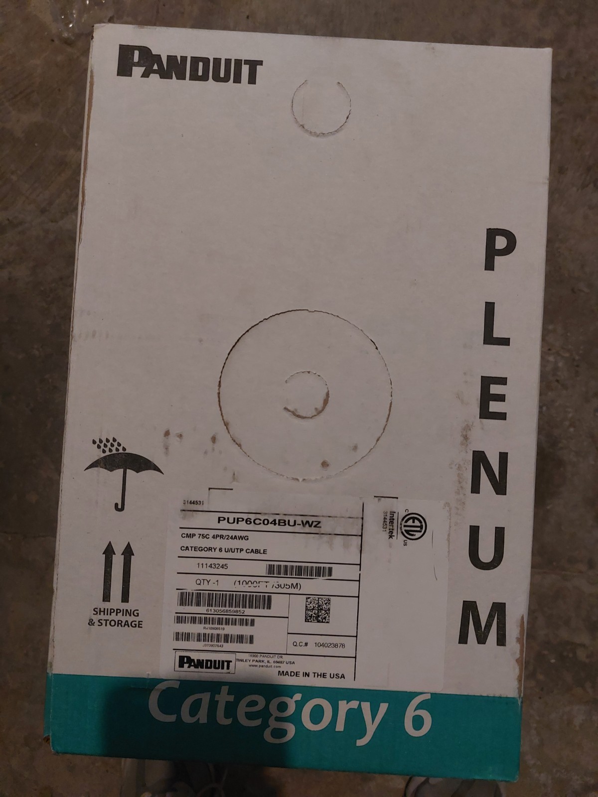 Panduit Cat6 Plenum CMP 23AWG Blue Network Cable 1000 FT Pull Box USA Made