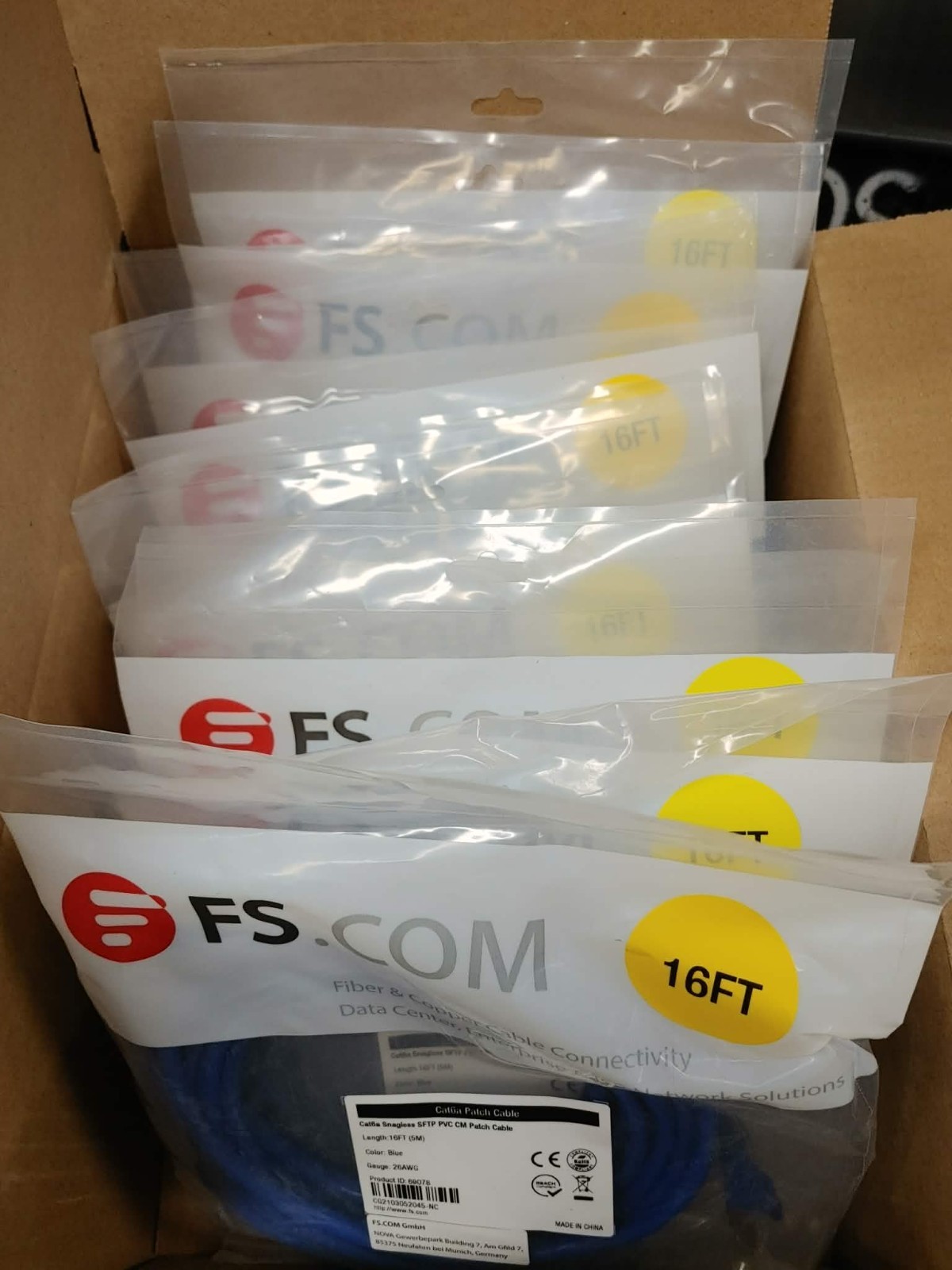 LOT of 5 FS Cat6a Snagless SFTP PVC CM Patch Cable 16ft (5m) 26 AWG Blue