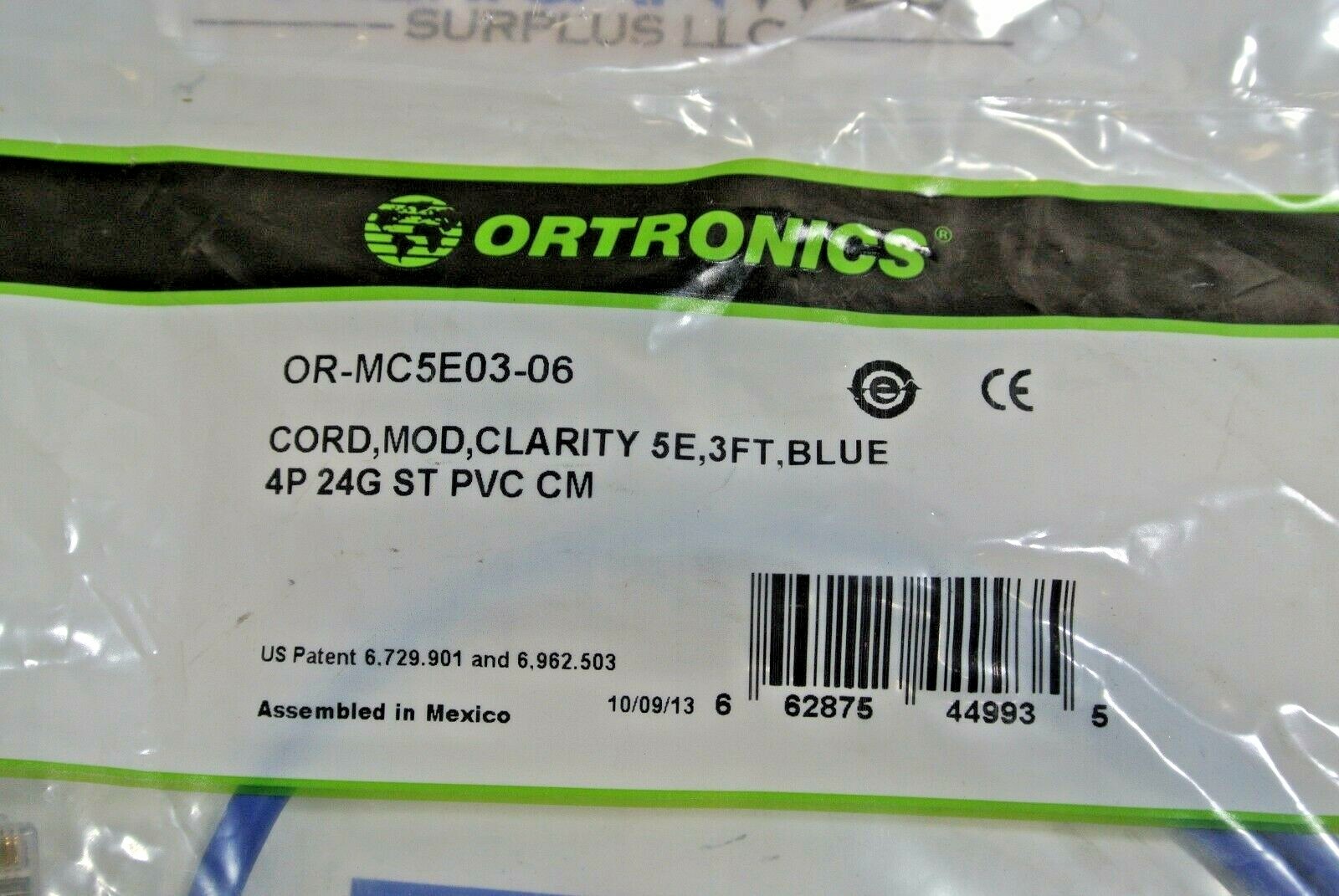 OR-MC5E03-06 ORTRONICS Cord Clarity 5E 3 Foot Blue 4P 24G ST PVC CM NEW