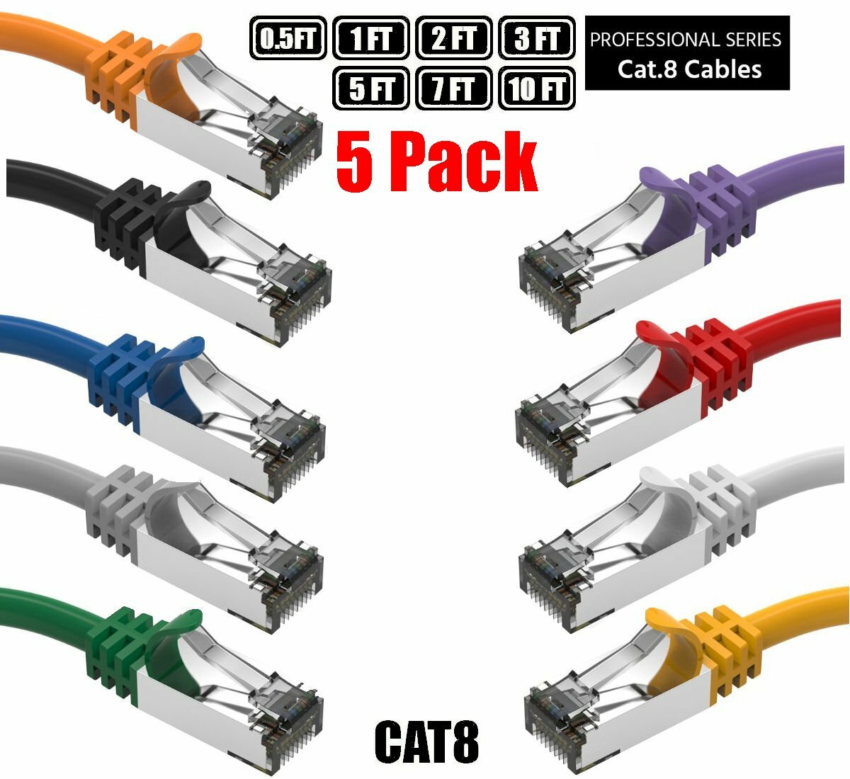 5x Cat.8 Shielded 40Gbps CAT 8 Ethernet Cable RJ45 1Ft 2Ft 3Ft 5Ft 7Ft 10Ft lot