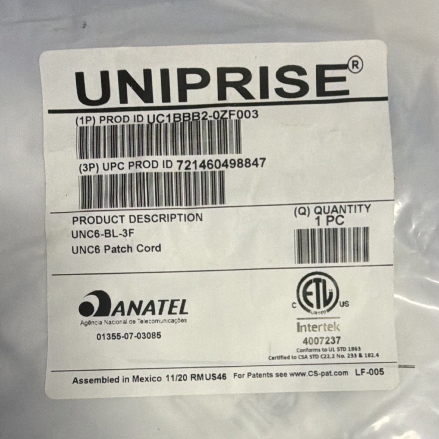 Patch Cable RJ-45 Male to Male Blue 3ft UNC6-BL-3F UNIPRISE