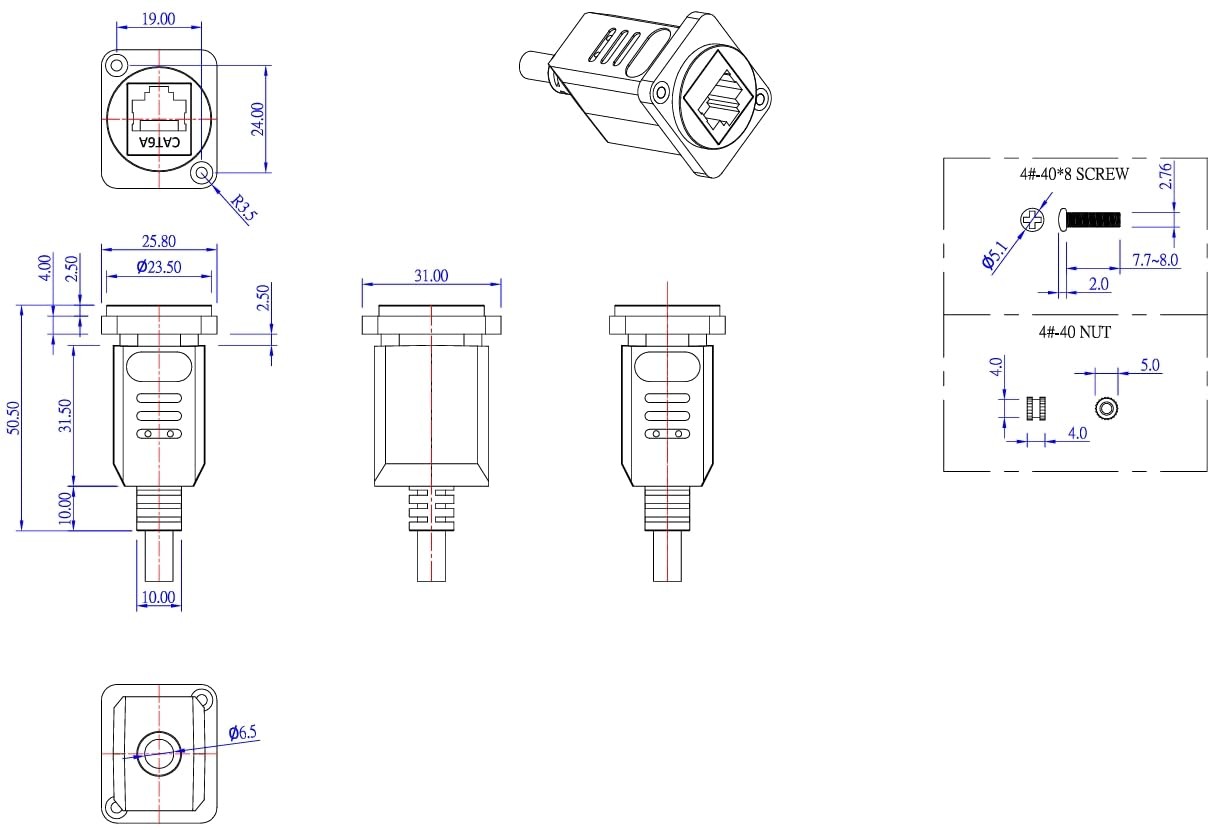 D Series Panel Mount RJ45 Cable Shielded CAT6A Male To Female 0.3M/1FT