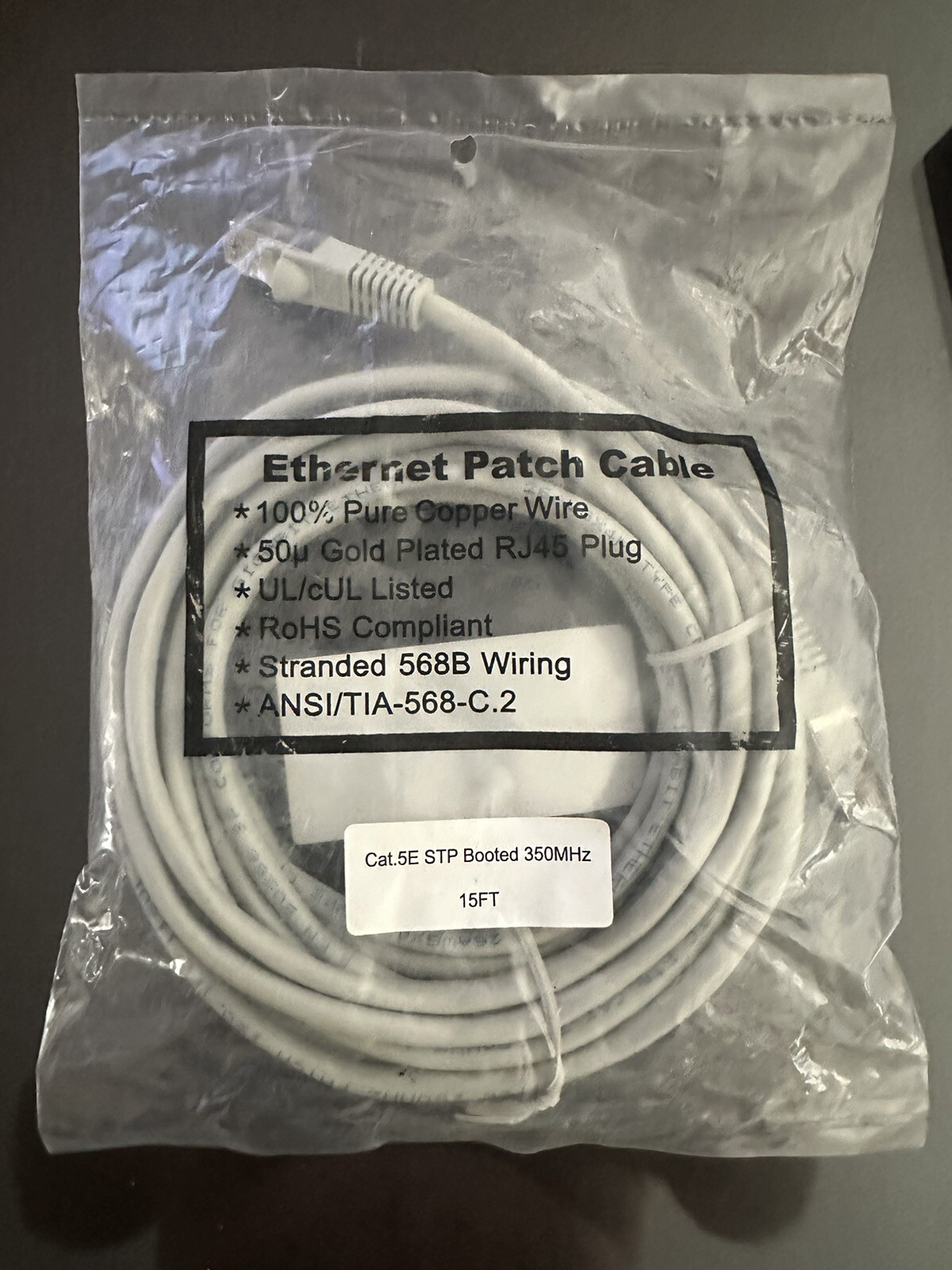 15 FT. Grey Cat.5E Patch Cable / Ethernet Cable RoHS Compliant Gold Plated RJ45