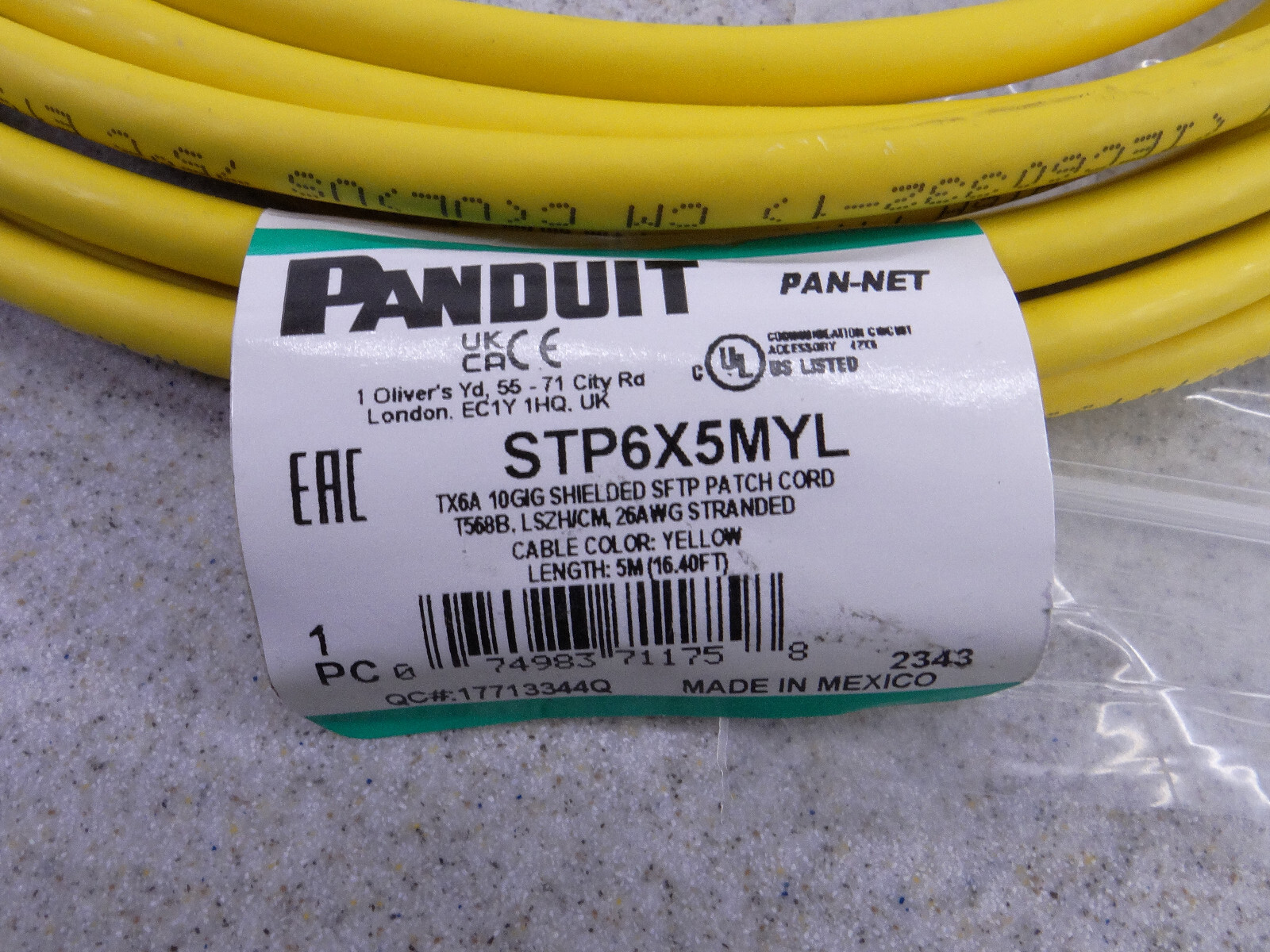 PANDUIT STP6X5MYL CAT6A SHIELDED PATCH CORD CABLE, RJ45, YELLOW, 5-METER