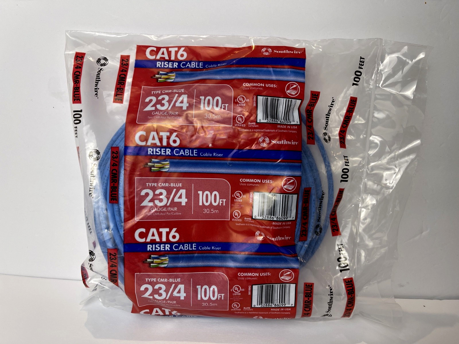 CAT6 Riser Cable CMR-Blue 23/4 Gauge/Pair 100ft. 23 Gauge 4 pair Cat 6 Southwire