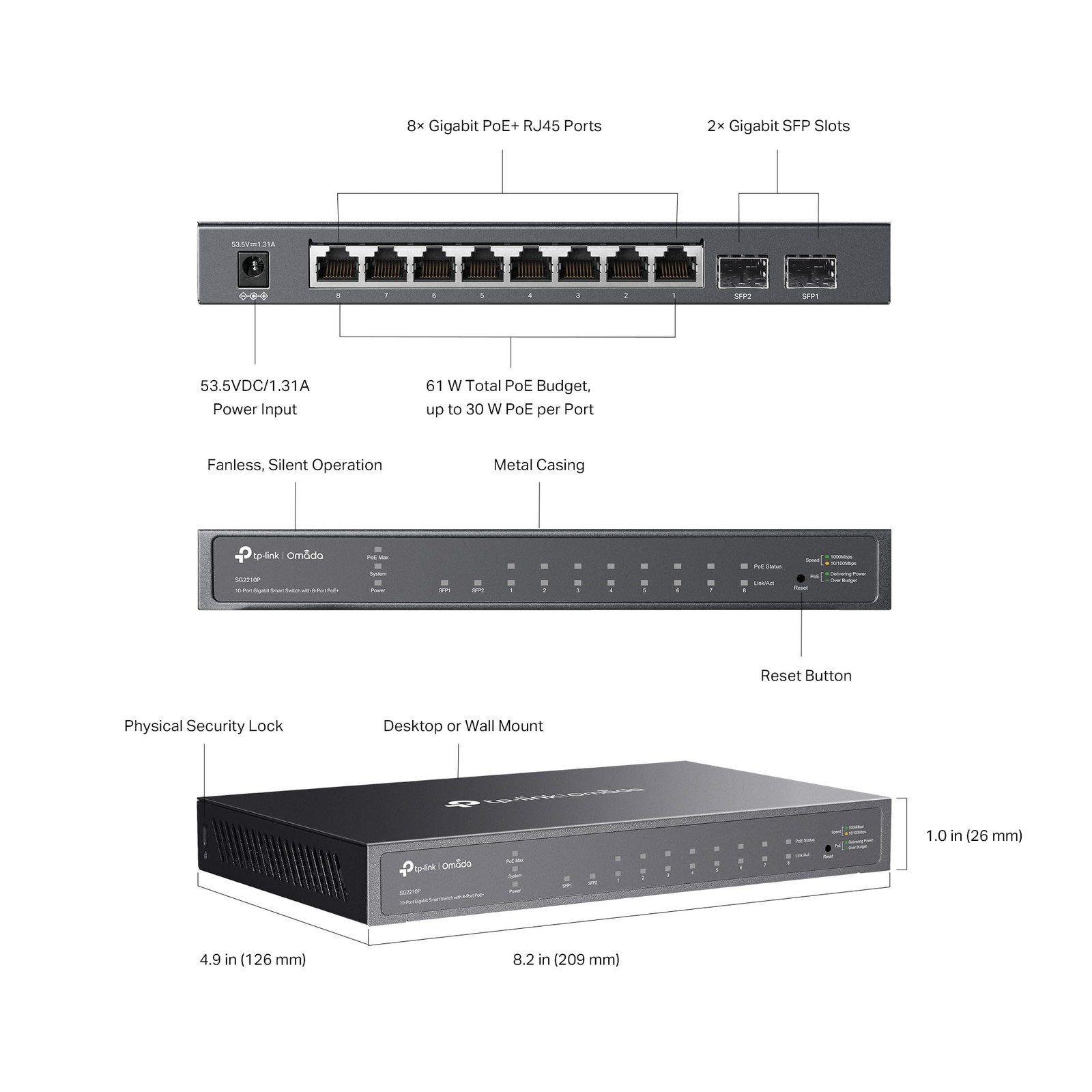 TP-Link 8-Port Gigabit Ethernet Smart PoE Switch with 2-SFP Slots PoE, Black