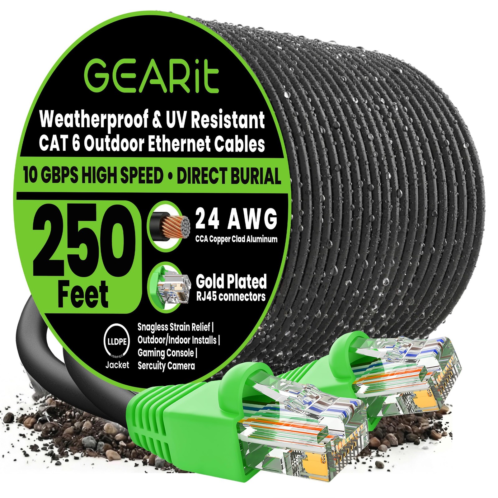 Cat6 Ethernet Cable 250ft Outdoor Direct Burial 24AWG Speed 10Gbps RJ45