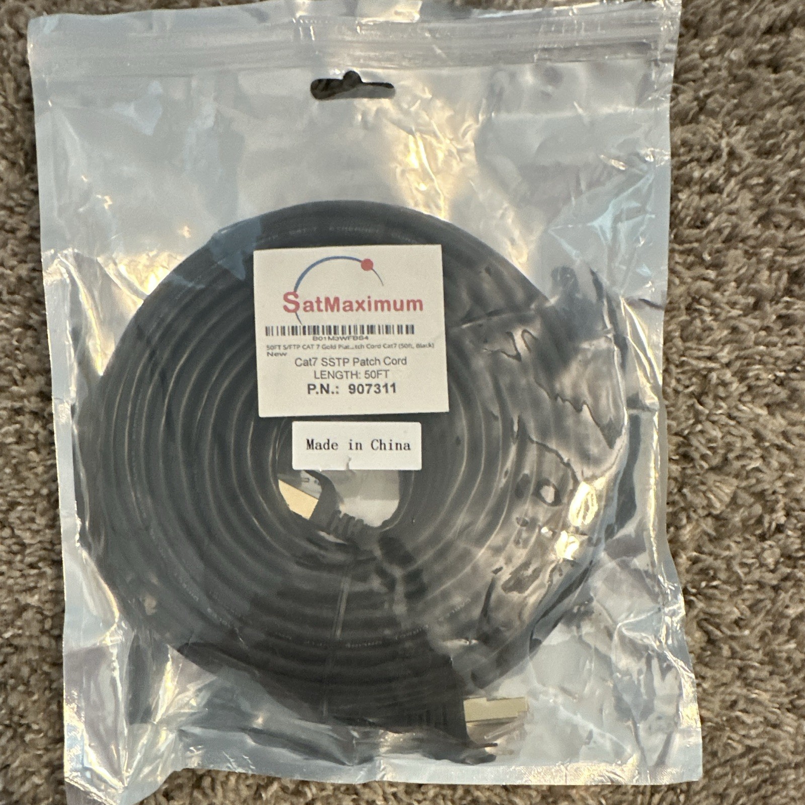 SatMaximum Cat7 S/STP Round Ethernet Patch Cable 50ft Black RJ45 M/M 907311