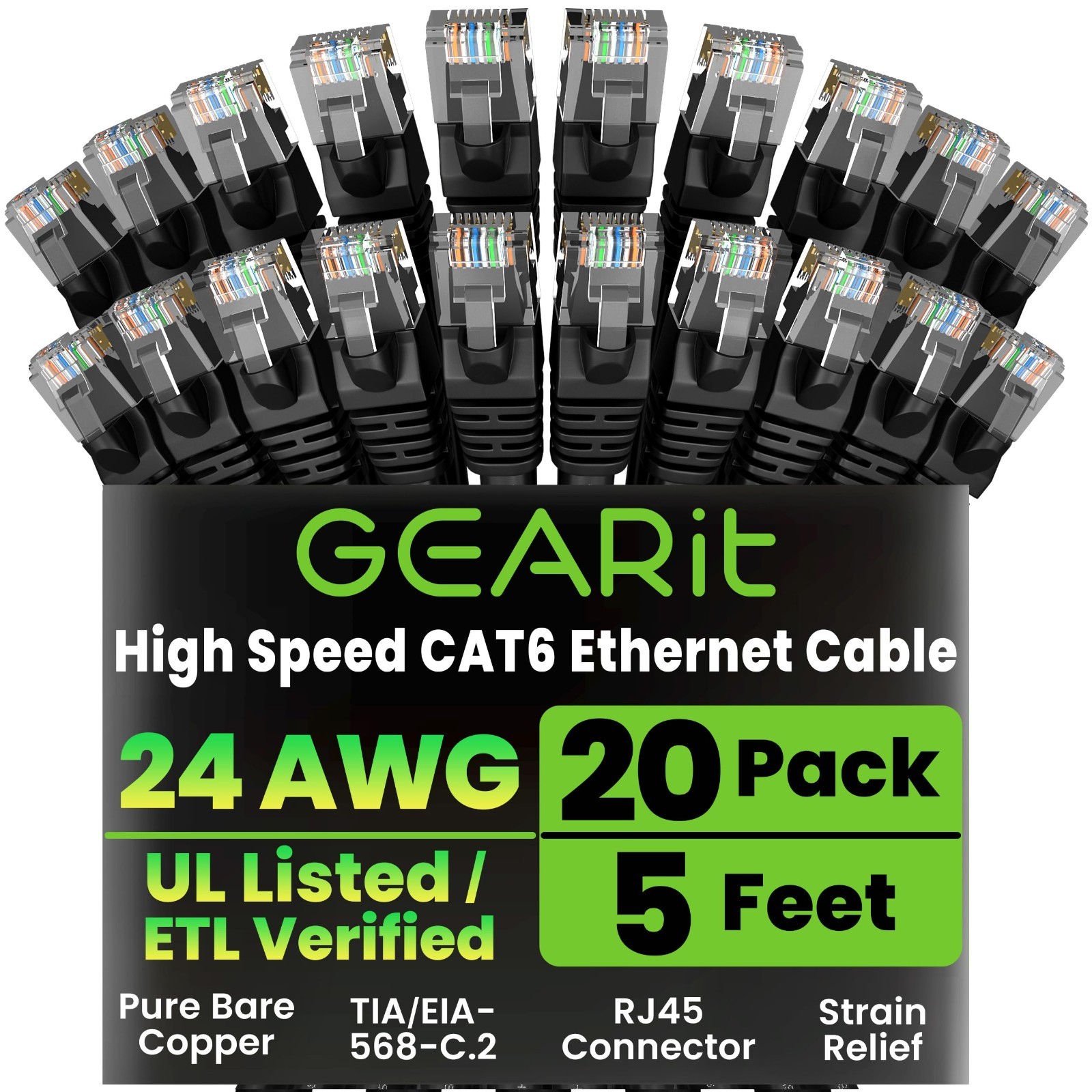 20-Pack Cat 6 Ethernet Cables 5ft – Snagless RJ45 Network Patch Cords, 10 Gbps