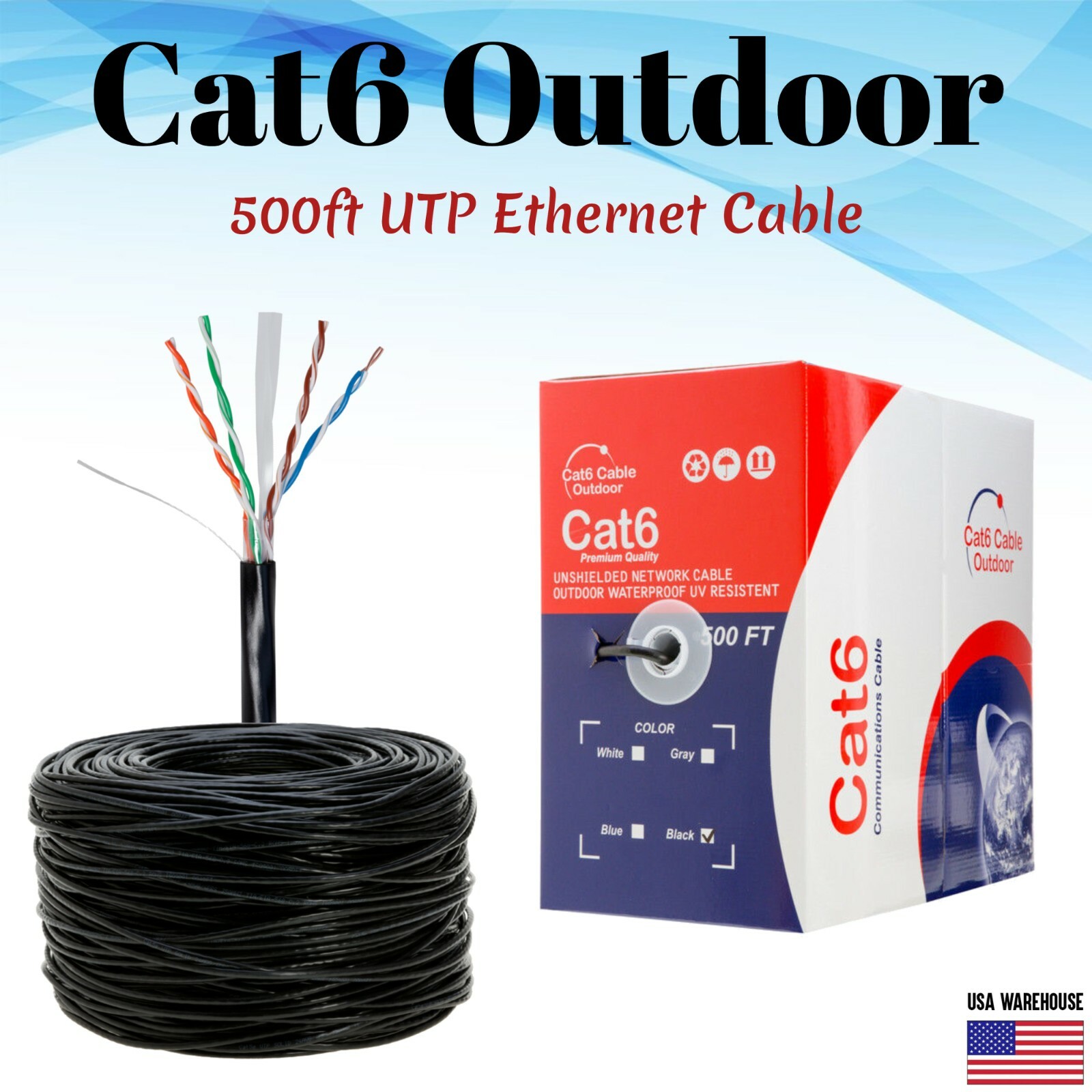 500ft Cat6 Outdoor Ethernet Cable UV Rated 23AWG UTP Solid Direct Burial Black