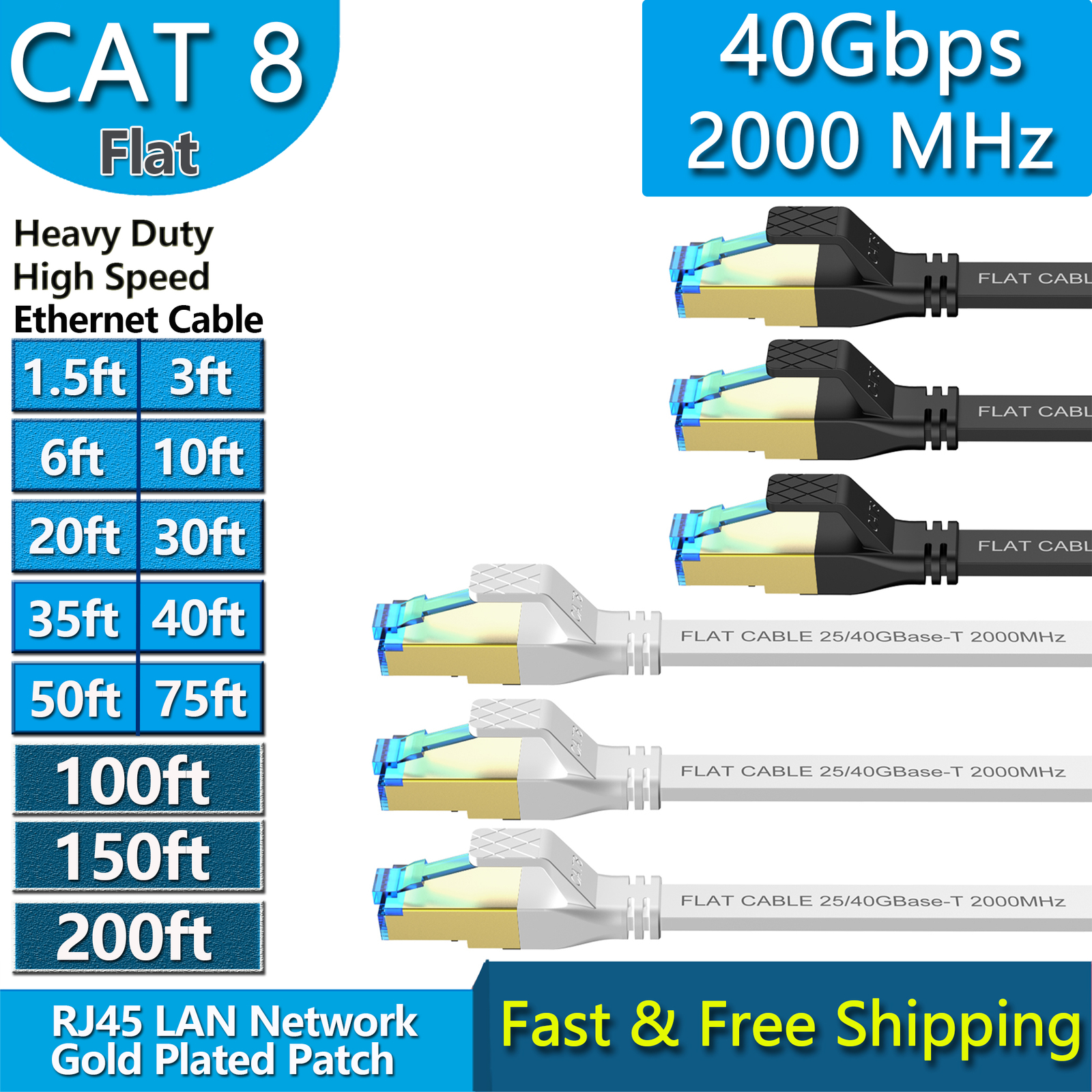 1.5FT-200FT Cat8 Ethernet Cable Super Speed 40Gbps/2000Mhz RJ45 Flat cord Lot US