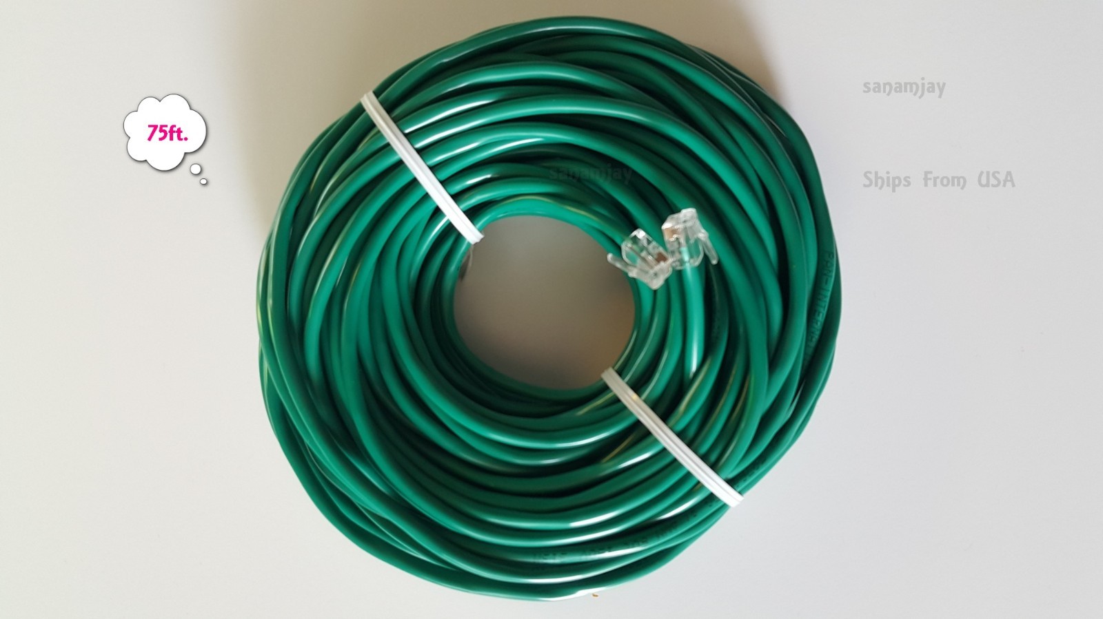 75ft. RJ11 RJ12 Green DSL CAT5e Telephone Data Cable for Centurylink, AT&T, etc.