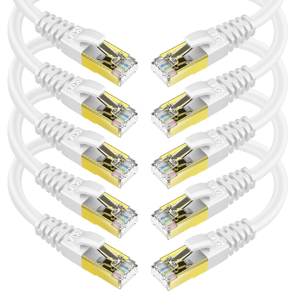 10 Pack 5ft White Cat 8 Ethernet Cable Shielded SFTP 40Gbps Patch Hub