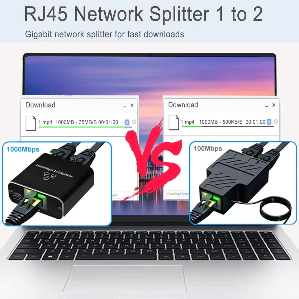 RJ45 Gigabit Ethernet Splitter 1000Mbps LAN Network Internet 1 to 2 Out Adapter