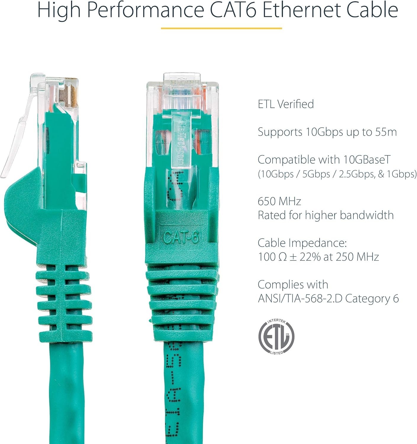 Durable Green 6ft Ethernet Cable – CAT 6 Snagless Design with Strain Relief