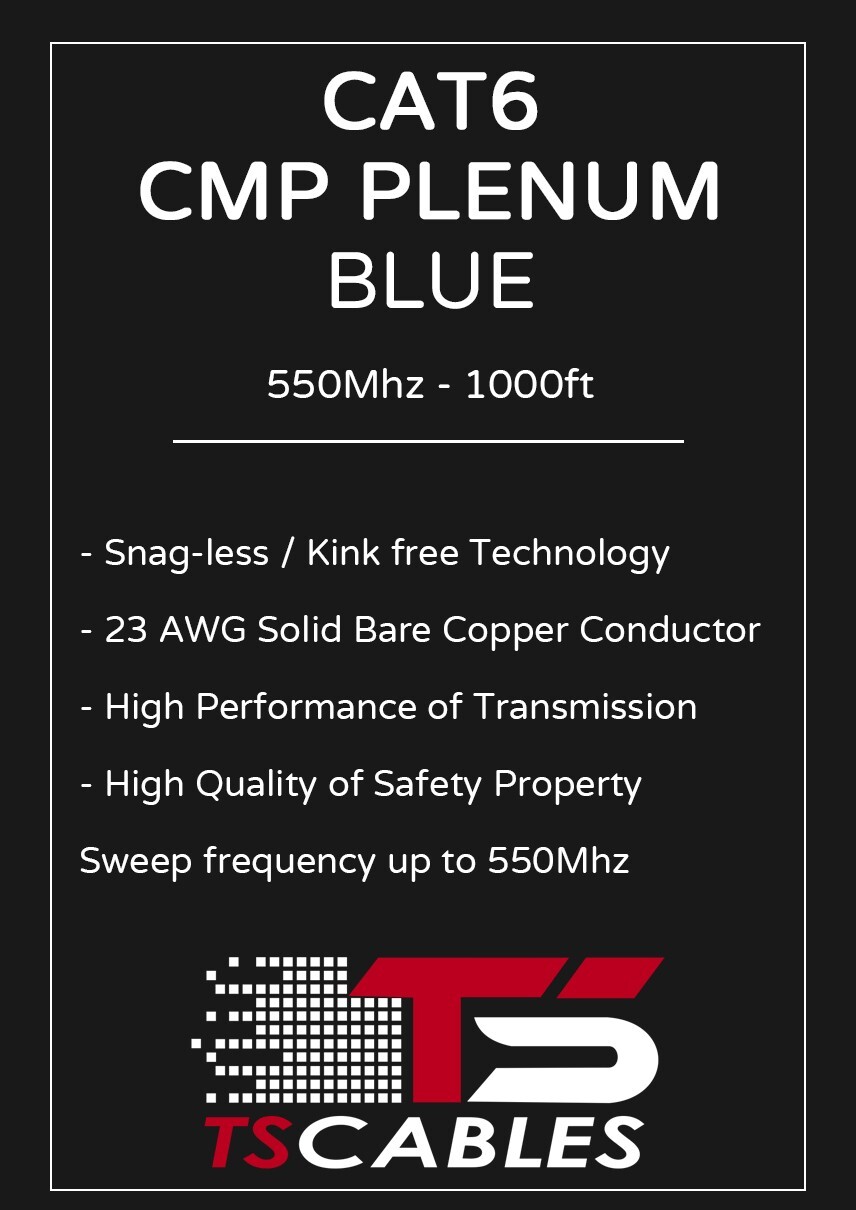 TSCables Cat6 Cable 1000ft Solid Bare Copper 550Mhz Plenum Rated Blue Not CCA