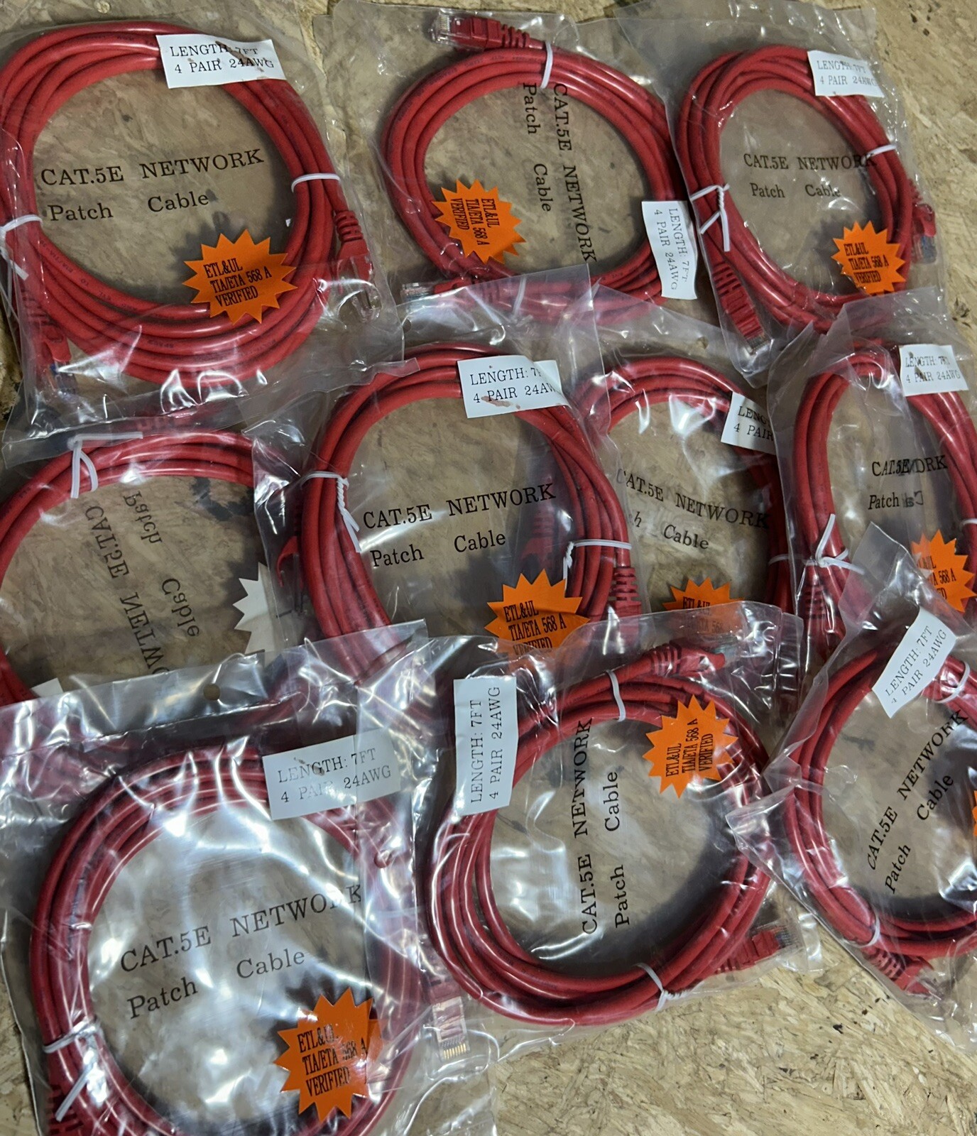 10 pack 7FT 4 PAIR 24AWG Cat5 Patch Cables Red ETL&UL TIA/ETA 568 A VERIFIED New