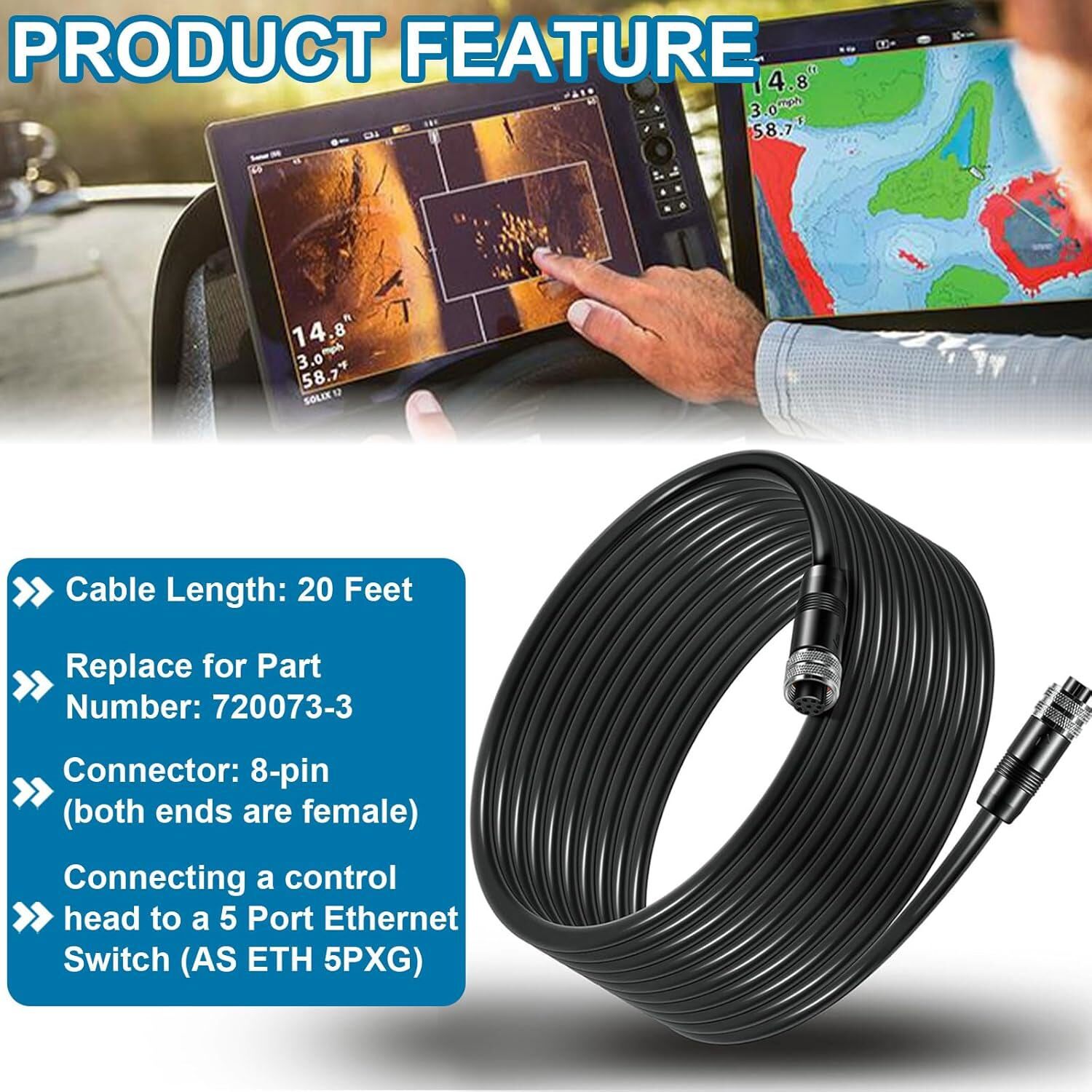 720073-3 AS EC 20E Boat Ethernet Cable 20 Feet Replace for Humminbird, for APEX
