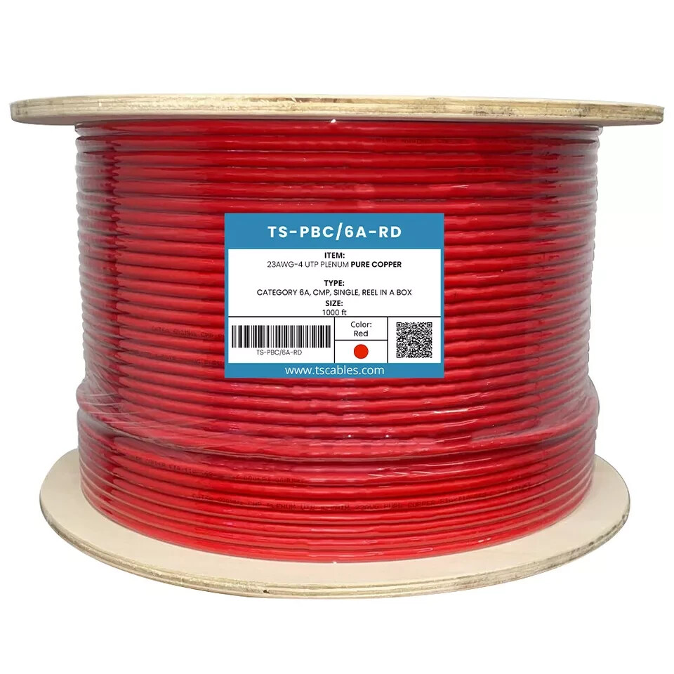 TS Cables Cat6a Plenum Solid Bare Copper 750 Mhz UTP 1000ft Ethernet Cable Red
