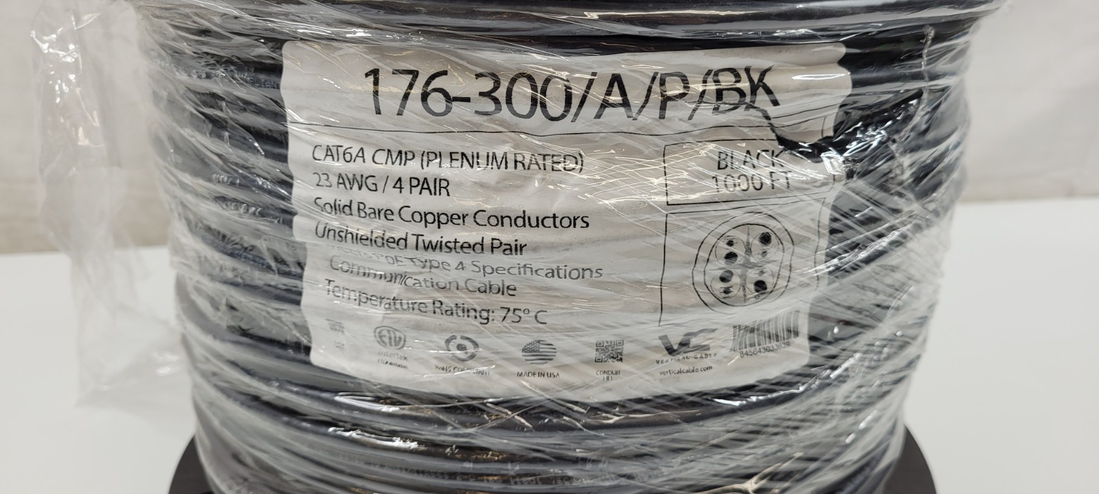 Vertical Cable CAT6A UTP, CMP, 23AWG, Solid, 550MHz, Made in USA – 1000ft