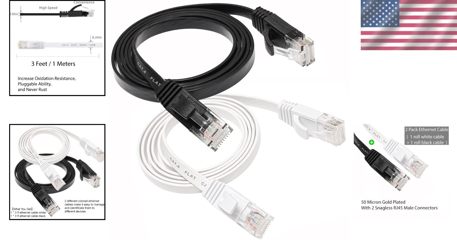 Cat 6 Ethernet Cable 3FT Pack – High-Speed Flat Design, Versatile Connectivity
