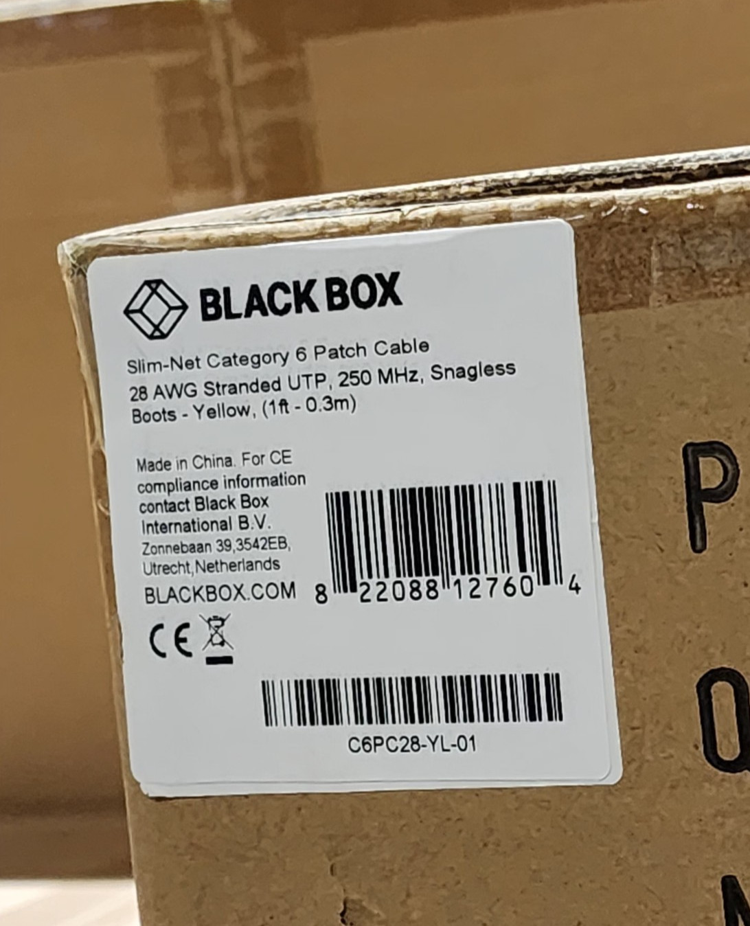 100 Pack 1ft Yellow Black Box Slim-Net Cat 6A Patch Cable 28AWG UTP Snagless