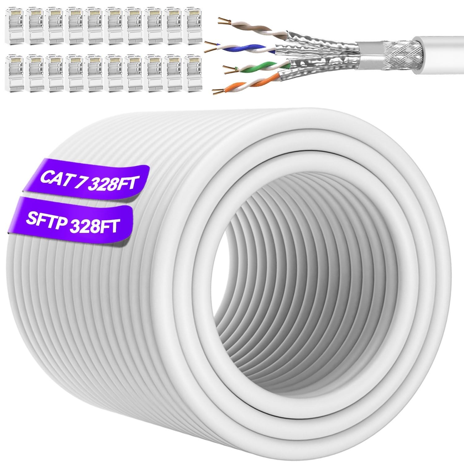 Cat 7 Ethernet Cable Bulk 328ft/100m (20 RJ45), Outdoor&Indoor