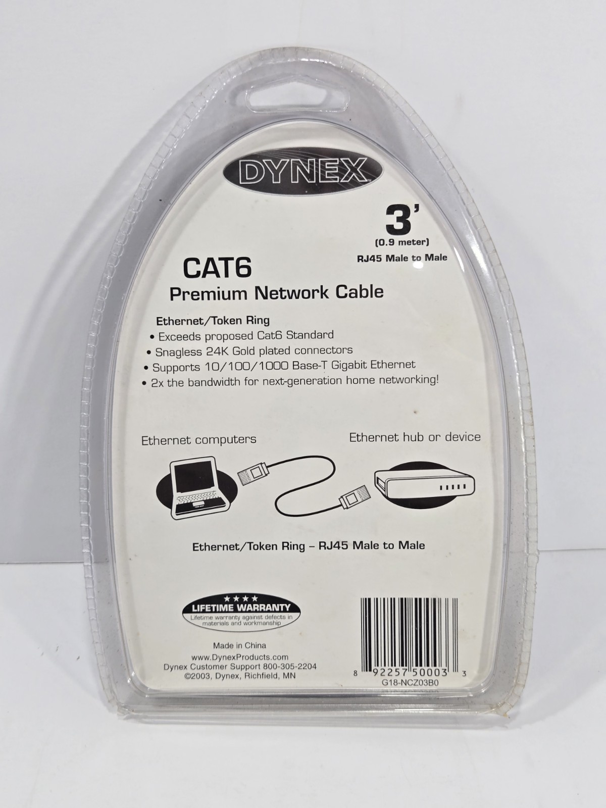 Dynex CAT6 RJ45 Premium Network Cable Ethernet Ring Male to Male 3′ 0.9 meter