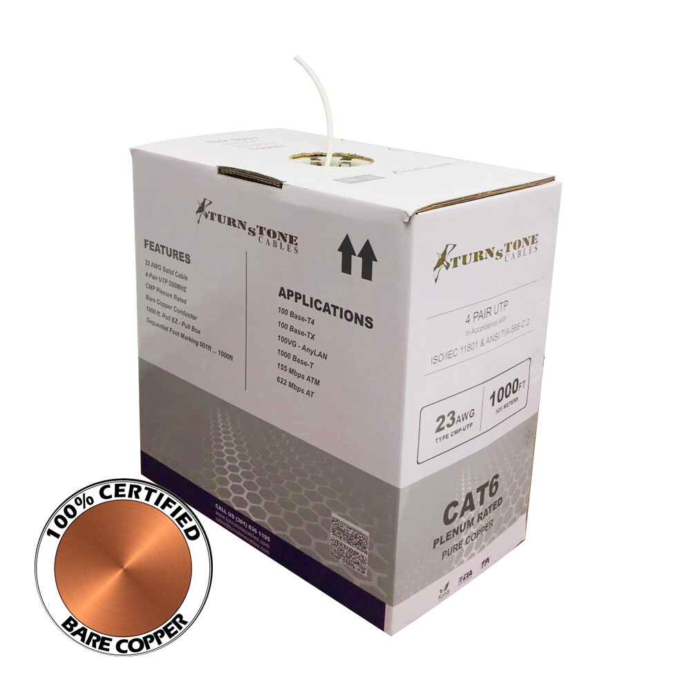TSCables Cat6 Plenum Bare Copper 1000ft 550 Mhz CMP Cable in 10 Colors Not CCA