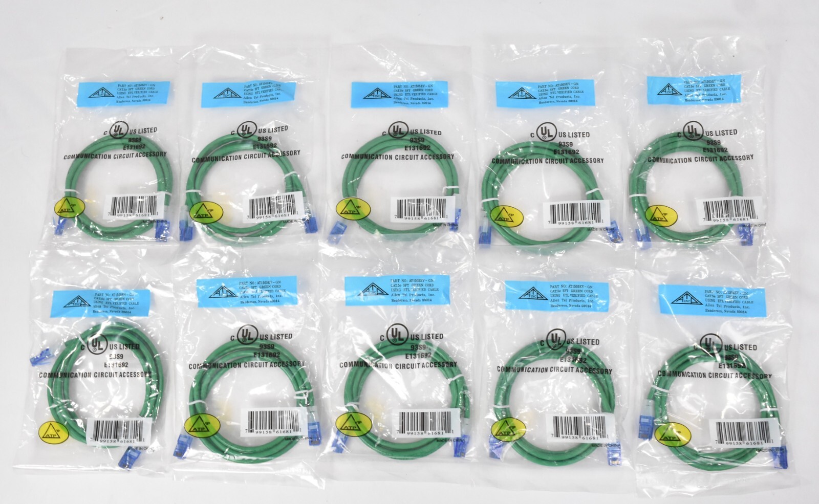 Lot of (10) Green 5′ Ft. Cat5E Ethernet Network Patch Cables AT1505EV-GN