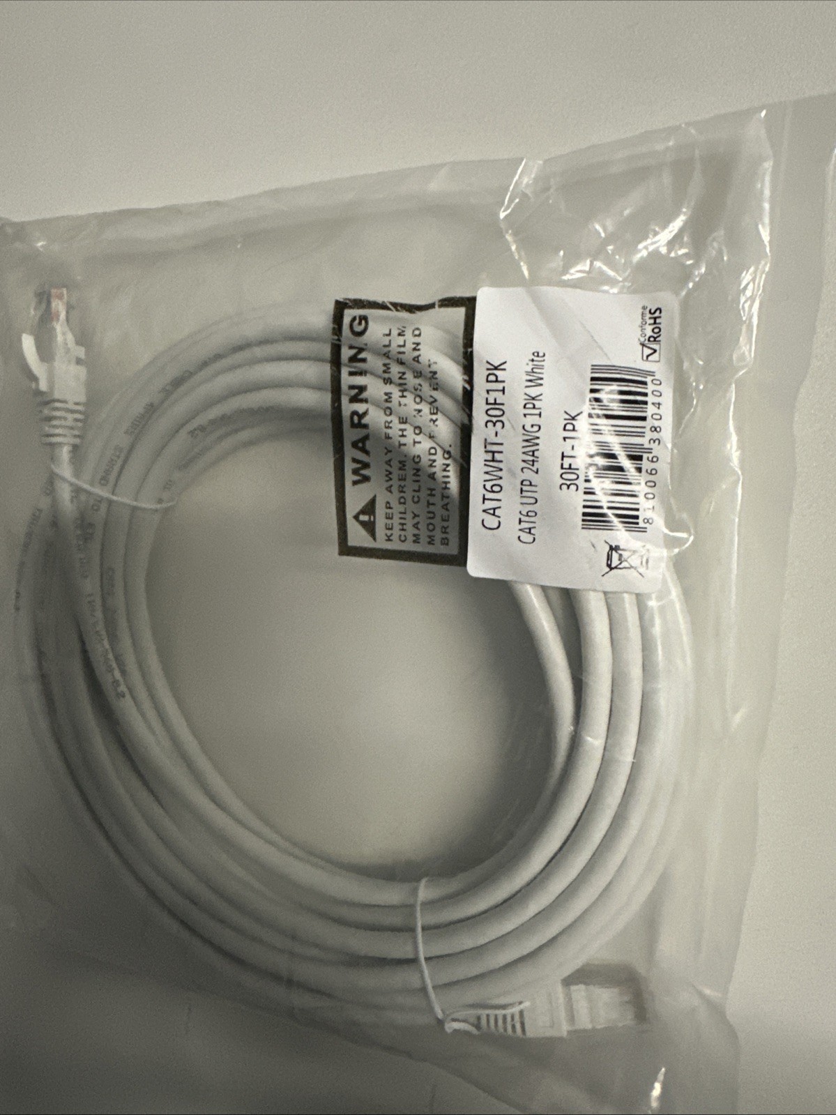 Cat6 UTP 24AWG Ethernet Cable 30 ft White 1 PK NEW