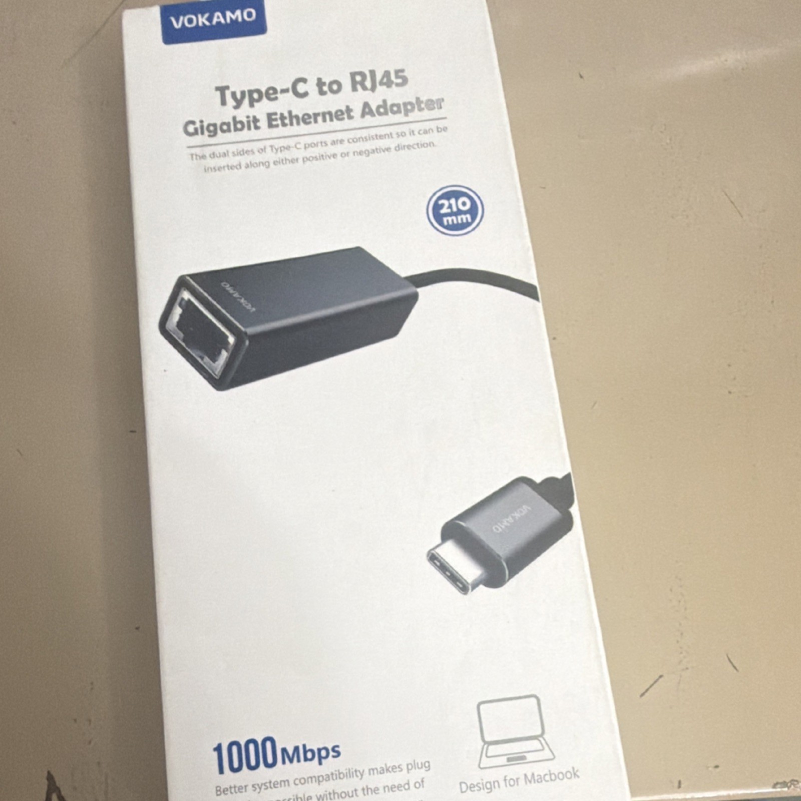 VOKAMO USB Type-C to RJ45 Gigabit Ethernet Adapter for MacBook, 210mm