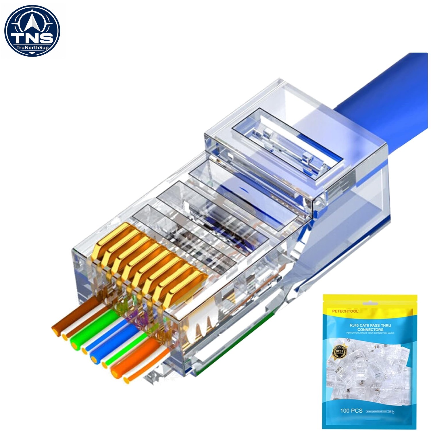 Gold Plated RJ45 Cat6/Cat5 Pass-Through Connectors, 100 Pack for Easy Networking