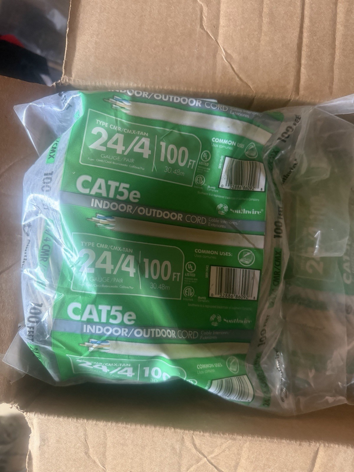 Lot Of 6 Southwire 100 ft. 24/4 CAT 5E Indoor/Outdoor Cord Type CMR/CMX-TAN